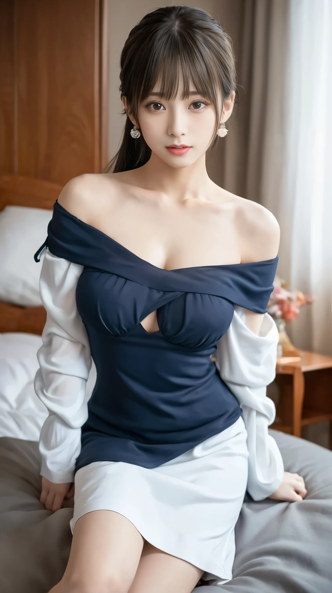 (table top)、(High resolution)、(highest quality、8K、masterpiece) 、20-year-old、baby face、(8 beautiful women with outstanding style:1.3)、(A hotel bed near a downtown station)、(Delivery Health has arrived:1.3)、(look at the camera:1.6)、(erotic expression:1.8)、(whole body:1.5)、small breasts、cleavage、(A neat off-the-shoulder flared dress:1.5)、(Moderate chest exposure)、loafers、cute earrings、high ponytail