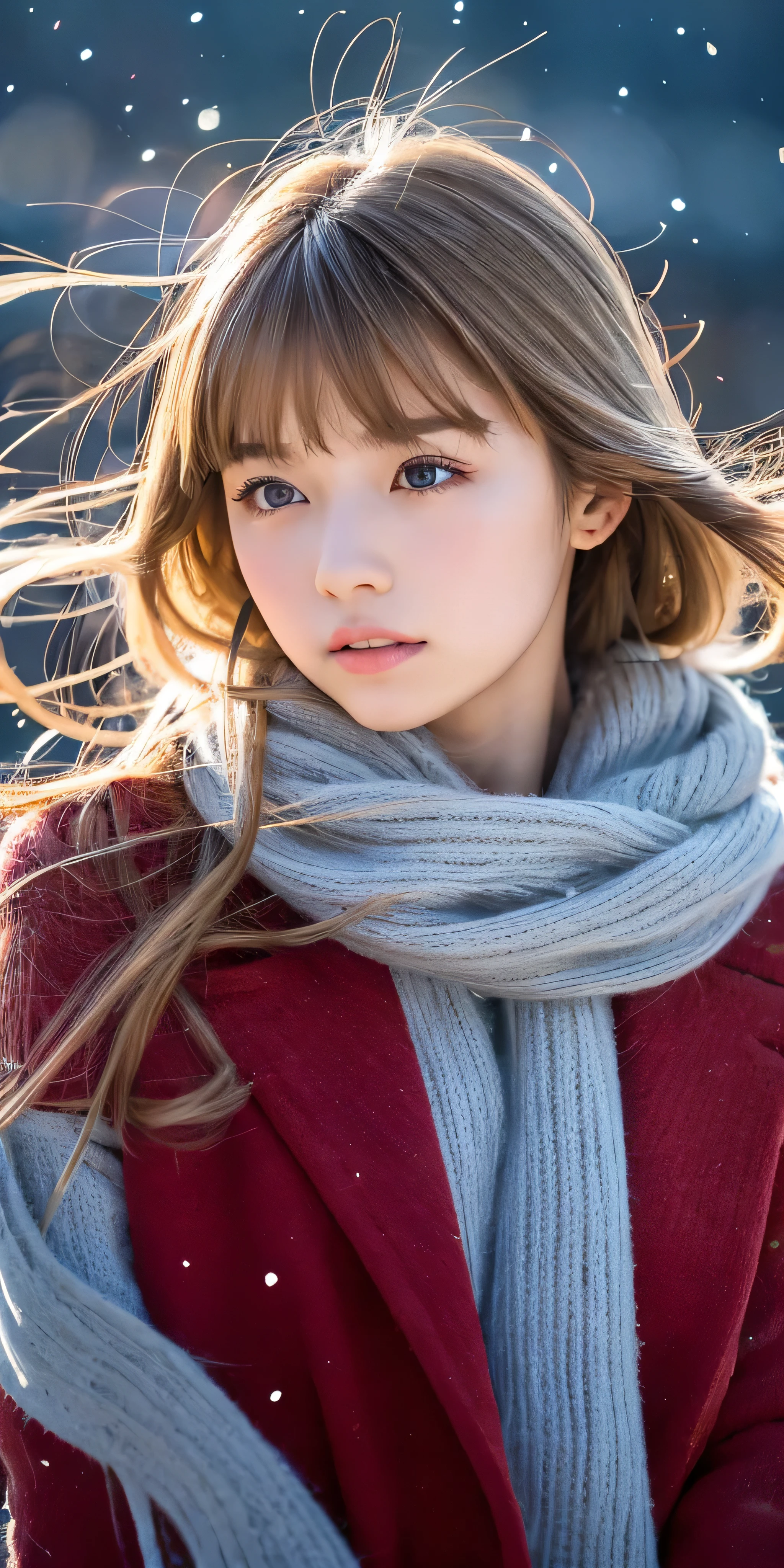 ((hair blowing in the wind、no makeup:1.2))、(realistic、Photoreal、Super detailed、best detailed skins、highest quality、masterpiece、超A high resolution)、cute russian woman、14 years、high school girl、young girl、1 girl、have bangs、ash blonde:1.7、double eyelid、drooling eyes、Japanese style face、purity、realistic skin type、thick muffler、Gray muffler、fluffy hair、((There&#39;hair in scarf:1.3))、red cheeks、The wind is blowing、that&#39;It&#39;s snowing、night、illumination、Lighting from behind、hair blowing in the wind、((Antarctica、A meteor shower、The shooting star shines brightly、A world view of the aurora))