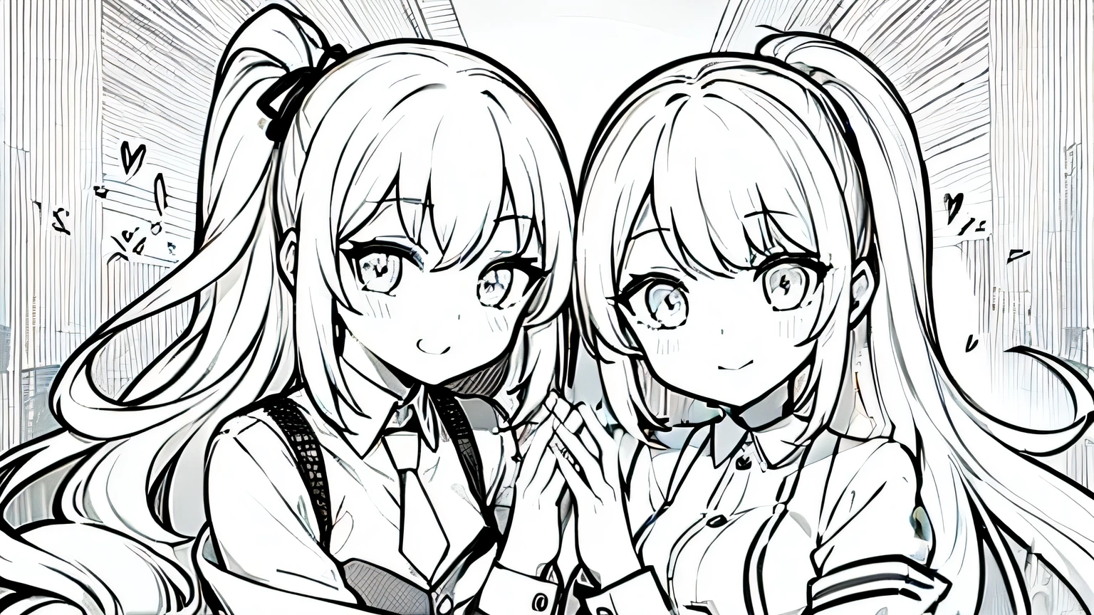 line art, black and white, 2 girls love, neat clothes, ,Hand Hart, lesbian, anatomically correct hands, human hand, different hairstyles