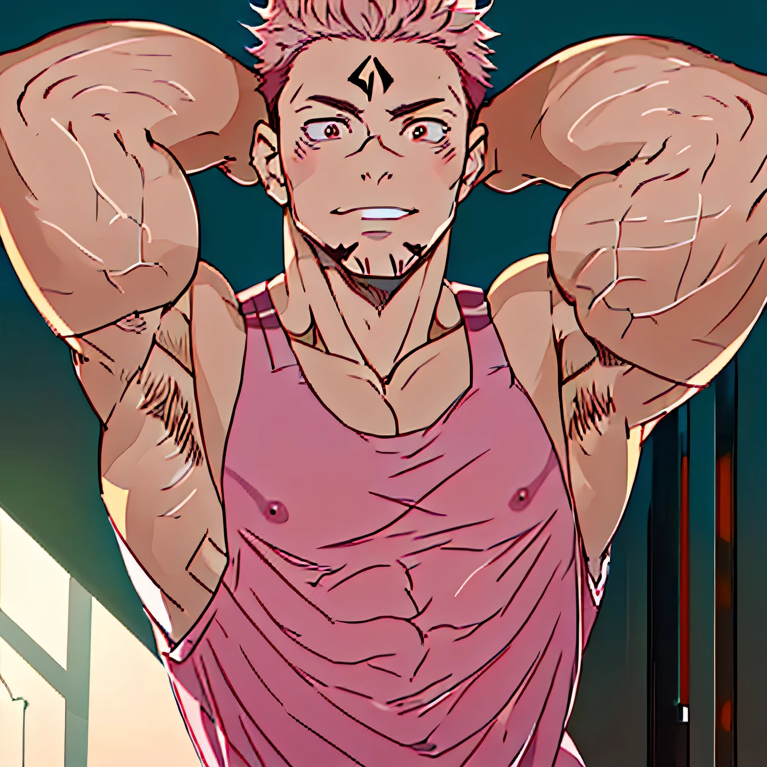 4k, image high resolution, Detailed strokes, stretching out in a gym, suado, adolecente,  wearing a tank top , muscular, chest a little tight in the shirt , armpit hair, tank top, pink hair, penis, naked, musky armpit