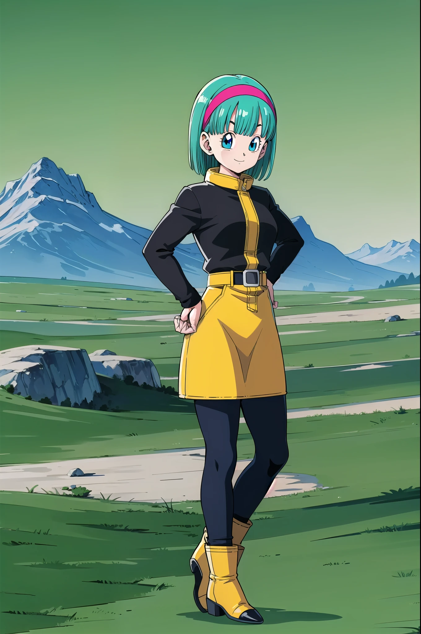 namek saga, bulma, 1girl, solo, breasts, looking at viewer, smile, short hair, blue eyes, yellow dress, standing, full body, pantyhose, outdoors, sky, belt, cloud, black pantyhose, aqua hair, green sky, namek background, hands on hips, mountain, red hairband, yellow boots, socks, blue grass, long sleeves
 