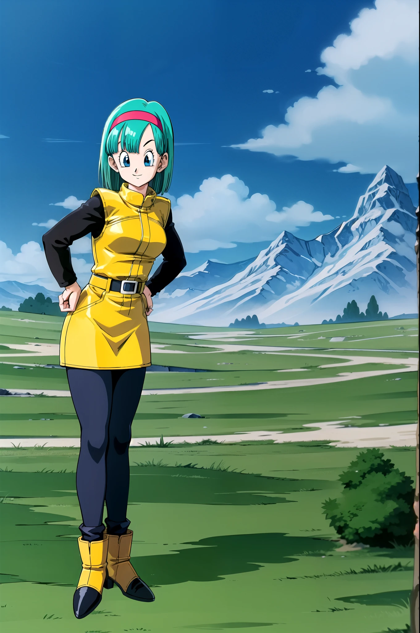 namek saga, bulma, 1girl, solo, breasts, looking at viewer, smile, short hair, blue eyes, yellow dress, standing, full body, pantyhose, outdoors, sky, belt, cloud, black pantyhose, aqua hair, green sky, namek background, hands on hips, mountain, red hairband, yellow boots, socks, blue grass, long sleeves
 