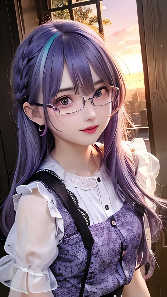 small face、 (alone:1.5,)Super detailed,bright colors, very beautiful detailed anime face and eyes, look straight,  shiny_skin,girl, (((rainbow colored hair, colorful hair, Half blue、Half purple hair: 1.2))), 、shiny hair, delicate beautiful face, blush、Glasses、(turquoise eyes), , Valletta, earrings,、flower garden、sunset、(（(Stylish lace mini skirt,Translucent shirt)))、（twin tails）、smile、happy face、face dyed red、cheerful pose、dynamic、