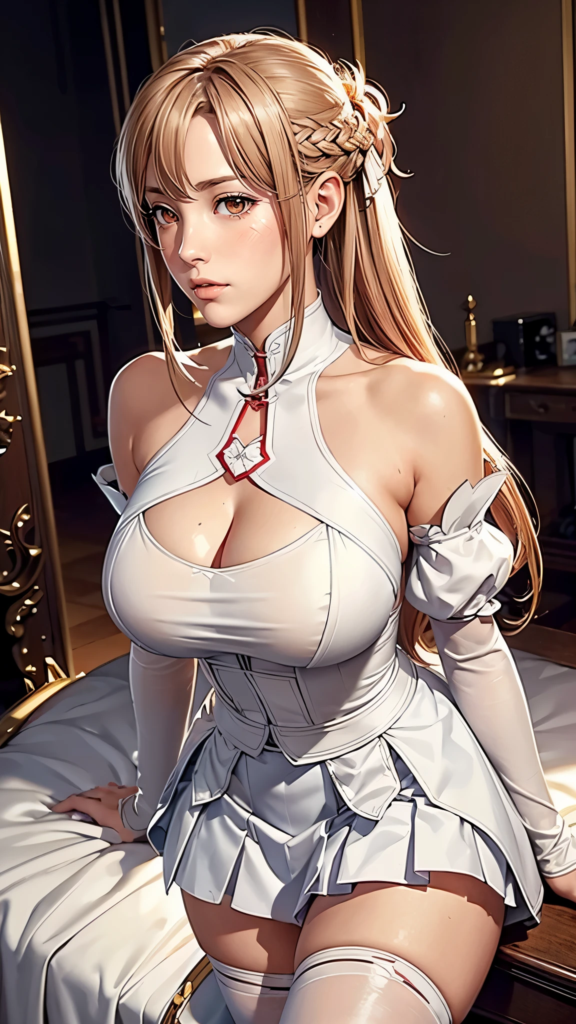 （（（完美figure，figure，bare shoulders, armor, breastplate, white sleeves, detached sleeves, red skirt, pleated skirt,white thighhighs, （（（aaasuna, long hair, brown hair, braid, brown eyes, ）））((masterpiece)),high resolution, ((Best quality at best))，masterpiece，quality，Best quality，（（（ Exquisite facial features，looking at the audience,There is light in the eyes，(Blushing and shyness)，））），型figure:1.7））），（（（Interlacing of light and shadow，huge boobs））），（（（looking into camera，black background，Bend forward)）））