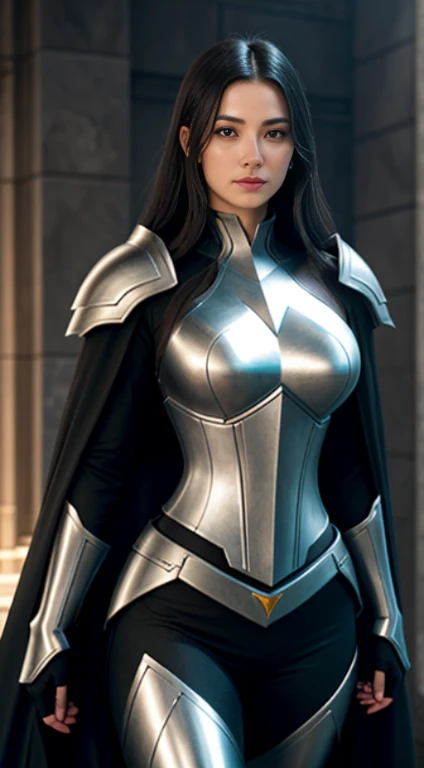 Masterpiece, a stunning woman with an unreal engine 5 rendered, lifelike rendering of her every detail, clad in a Full Armor Body with cloaks and Helm, gazes directly into the camera. With a beautiful, flawlessly made-up face, thisdepiction is a CGI Mix of photorealism (1.2) and an ultra-realistic UHD face. Her colossal tits contrast perfectly with her slim waist and hourglass figure, showcased in a half body shot. Her skin is both glowing and shiny, adding to the super detail and textured appearance. She holds a sword at her waist, exuding an air of power and confidence in this high resolution