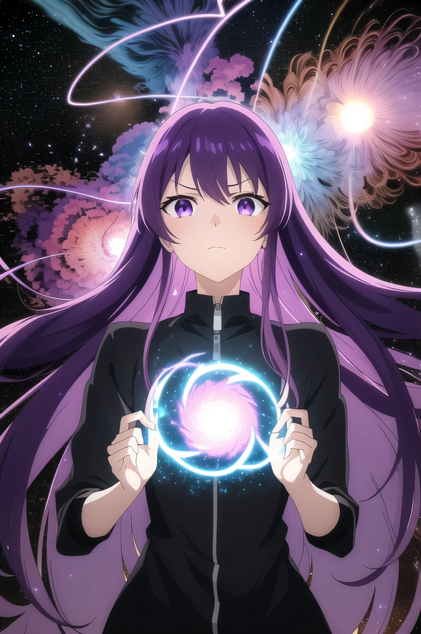 (masterpiece, highest quality, High resolution), anime art style, pixiv, 1 girl, alone,
Supernova, abstract, abstract background, (bloom, Swirling Lights, particles of light),
fire, Milky Way, floating, Romantically,  looking at the viewer,Angry Hoshino Ai, long hair, purple hair, striped hair,
purple eyes, star-shaped pupil, hair ornaments,
 