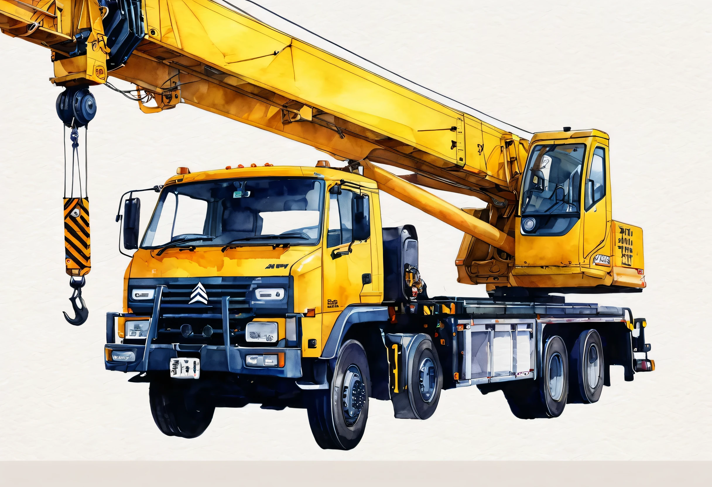 there is a watercolor painting of a cranetruck, Vehicle illustration, crane, CommercialAn illustration, Rich aquarelle, DigitalAn illustration, Artistic illustration, truck, crane shot, Featured Art, detailed DigitalAn illustration, avatar image, Professional An illustration, digital watercolor, vehicle, An illustration, sitting in a crane, mechanical vehicle, instagram photos, accurate depiction, flat color, very intense