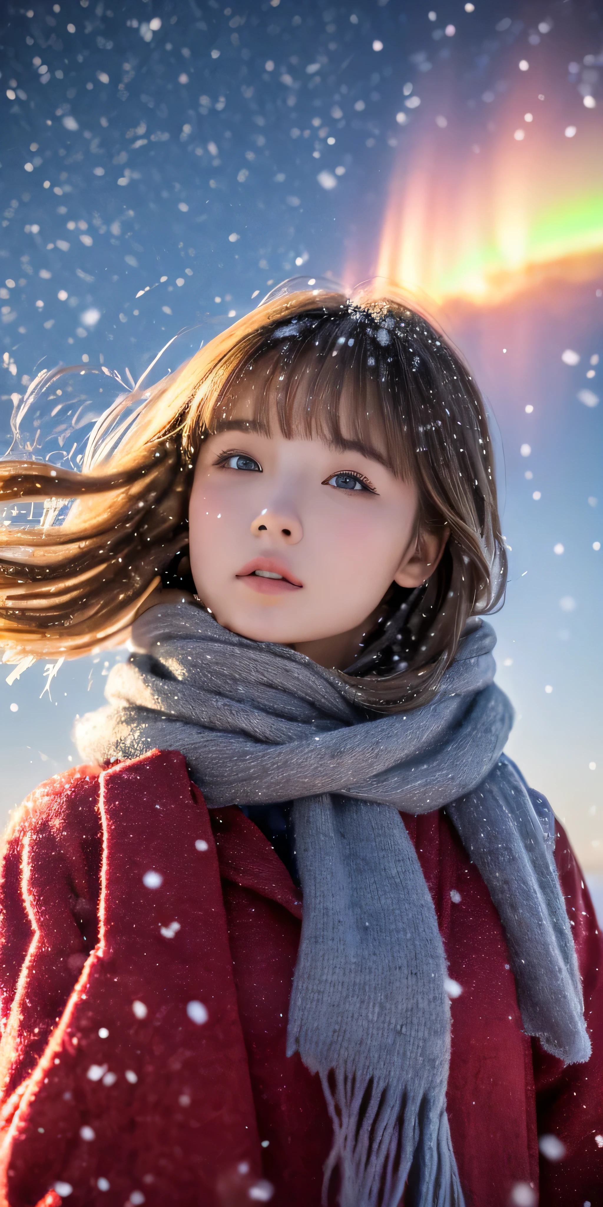 ((hair blowing in the wind、no makeup:1.2))、(realistic、Photoreal、Super detailed、best detailed skins、highest quality、masterpiece、超A high resolution)、cute russian woman、14 years、high school girl、young girl、1 girl、have bangs、ash blonde:1.7、double eyelid、drooling eyes、Japanese style face、purity、realistic skin type、thick muffler、Gray muffler、fluffy hair、((There&#39;hair in scarf:1.3))、red cheeks、The wind is blowing、that&#39;It&#39;s snowing、night、illumination、Lighting from behind、hair blowing in the wind、((Antarctica、A meteor shower、A world view of the aurora))