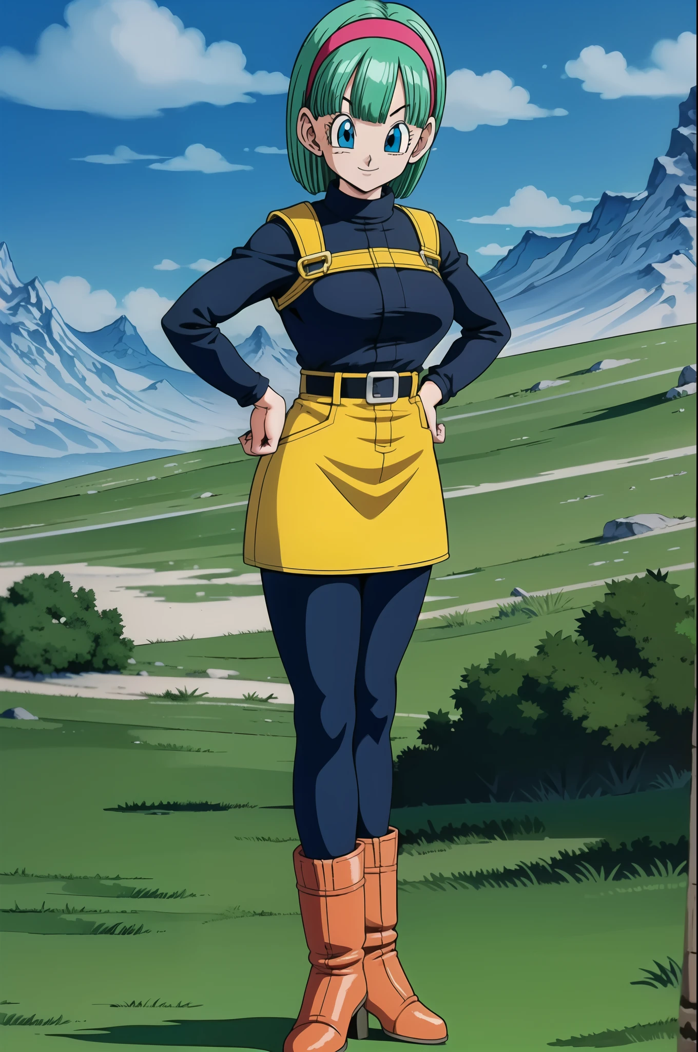 namek saga, bulma, 1girl, solo, breasts, looking at viewer, smile, short hair, blue eyes, yellow dress, standing, full body, pantyhose, outdoors, sky, belt, cloud, black pantyhose, aqua hair, green sky, namek background, hands on hips, mountain, red hairband, yellow boots, socks, blue grass, long sleeves
 