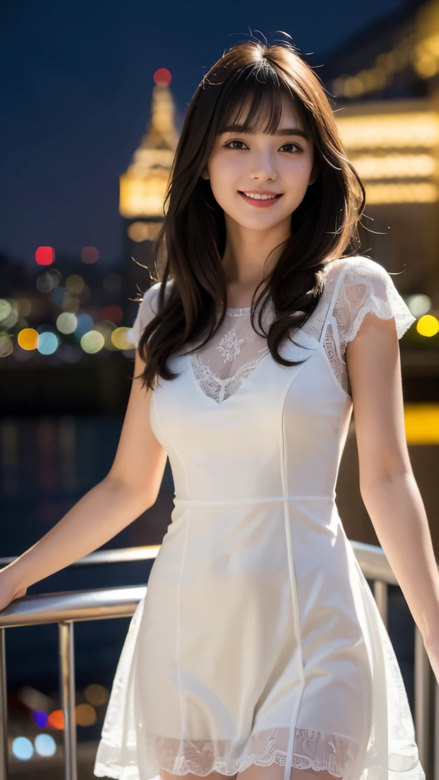 (highest quality,masterpiece:1.3,ultra high resolution),(Super detailed,caustics),(realistic:1.4,RAW shooting),(Vibrant color saturation),1 girl,20-year-old,flat bangs、smiling、Blurred background,lace dress、night view、light up