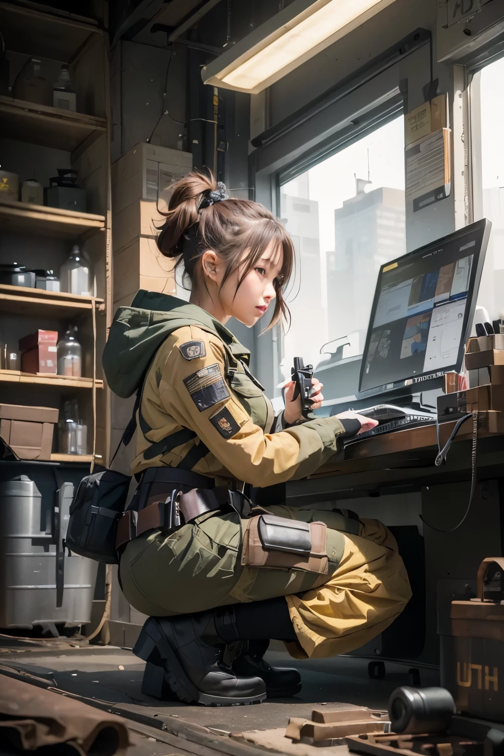 (masterpiece, best quality:1.2), (8k uhd, 16k, 32k, ultra high res), (photorealistic:1.37), (RAW photo), ultimate-realistic, ultimate-realistic details, ultimate-realistic texture, ultimate-intricate details, ultimate-realistic lighting, ultimate-realistic shadow, japanese girl, ultimate-cute face, ultimate-RAW skin, ultimate-realistic eyes, A beautiful girl reloading a submachine gun while hiding behind a shield in the city