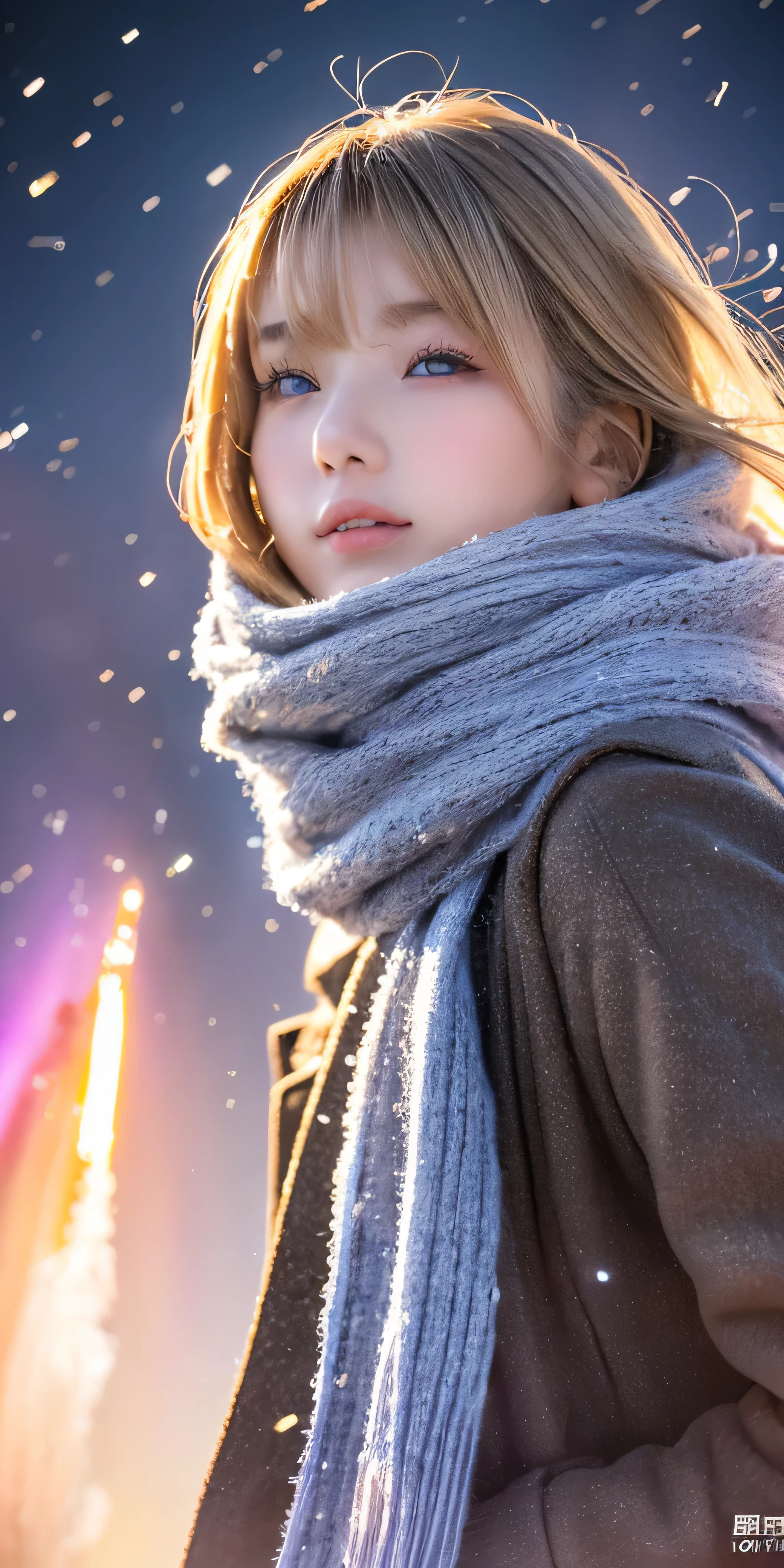((hair blowing in the wind、no makeup:1.2))、(realistic、Photoreal、Super detailed、best detailed skins、highest quality、masterpiece、超A high resolution)、cute russian woman、14 years、high school girl、young girl、1 girl、have bangs、ash blonde:1.7、double eyelid、drooling eyes、Japanese style face、purity、realistic skin type、thick muffler、Gray muffler、fluffy hair、((There'hair in scarf:1.3))、red cheeks、The wind is blowing、that'It's snowing、night、illumination、Lighting from behind、hair blowing in the wind、((Antarctica、A meteor shower、A world view of the aurora))