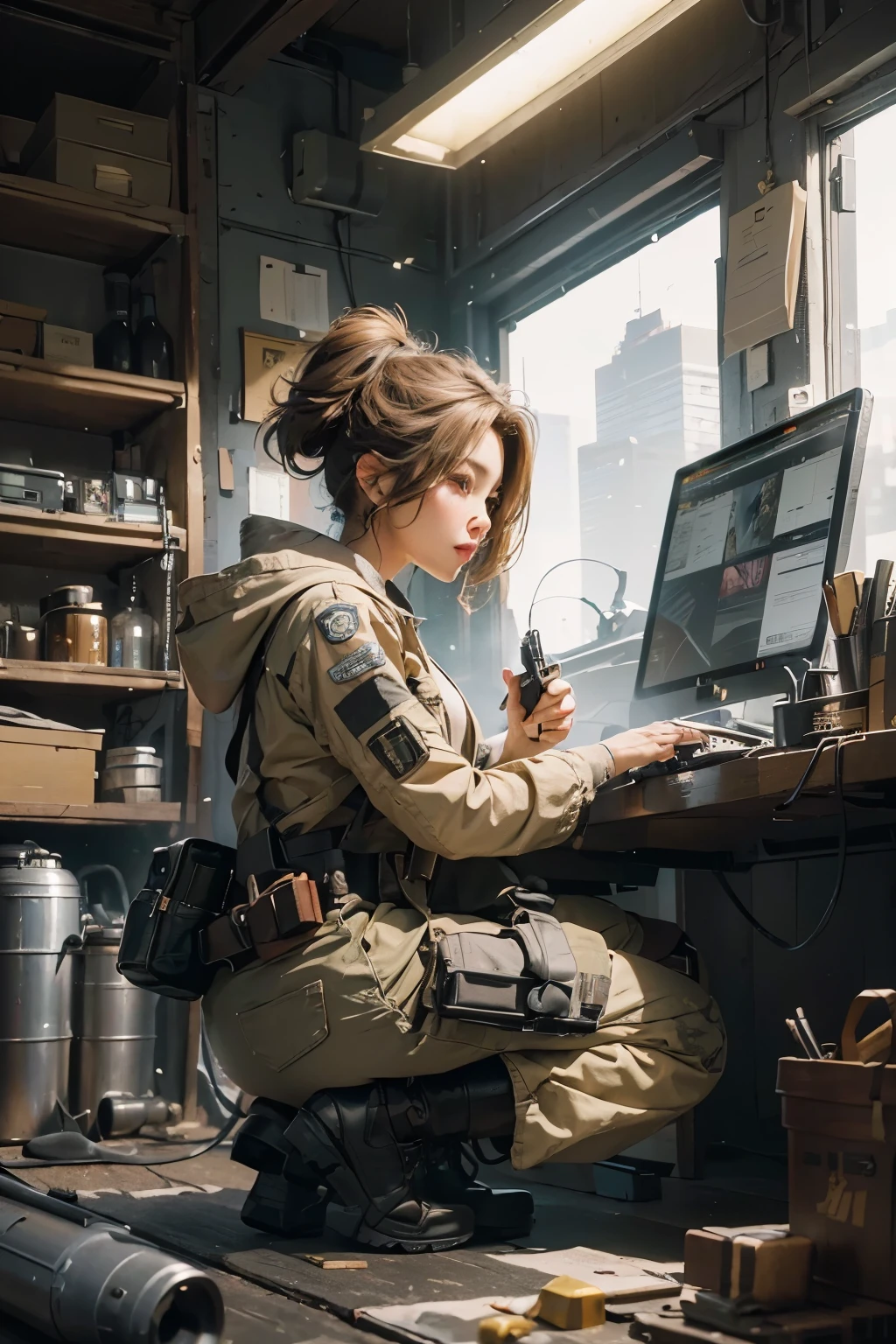 (masterpiece, best quality:1.2), (8k uhd, 16k, 32k, ultra high res), (photorealistic:1.37), (RAW photo), ultimate-realistic, ultimate-realistic details, ultimate-realistic texture, ultimate-intricate details, ultimate-realistic lighting, ultimate-realistic shadow, japanese girl, ultimate-cute face, ultimate-RAW skin, ultimate-realistic eyes, A beautiful girl reloading a submachine gun while hiding behind a shield in the city