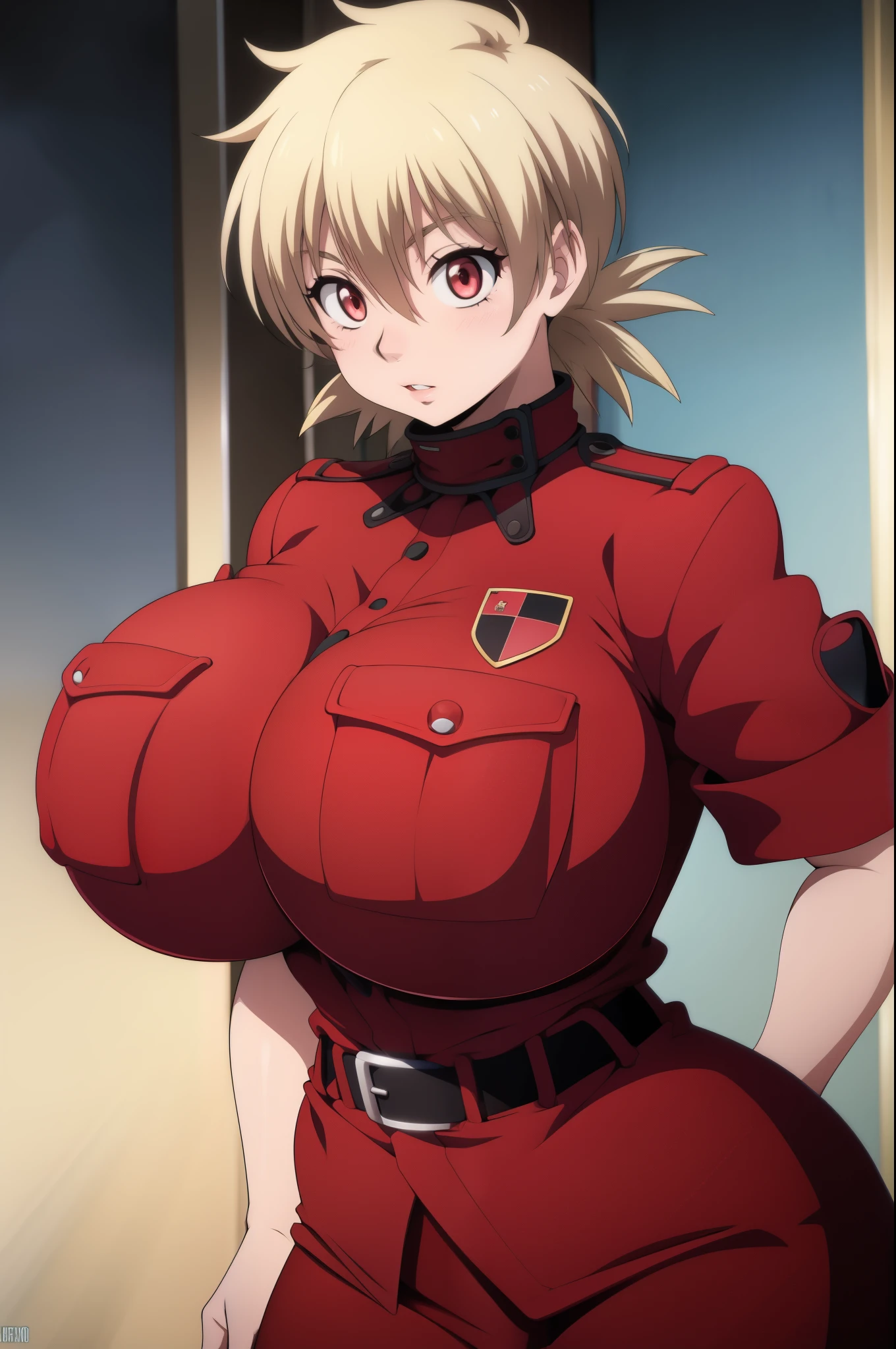 High resolution, Hellsing Ultimate art style, Seras Victoria, 1girl, ((bimbo))), short blond hair, red eyes, puffy lips, thick lips, wide hips, thick thighs, gigantic fake breast, huge ass, cute face, shy, girlfriend, blushing, tight police uniform, crop top, squishy breasts, soft breasts, close up, gigantic breasts, 