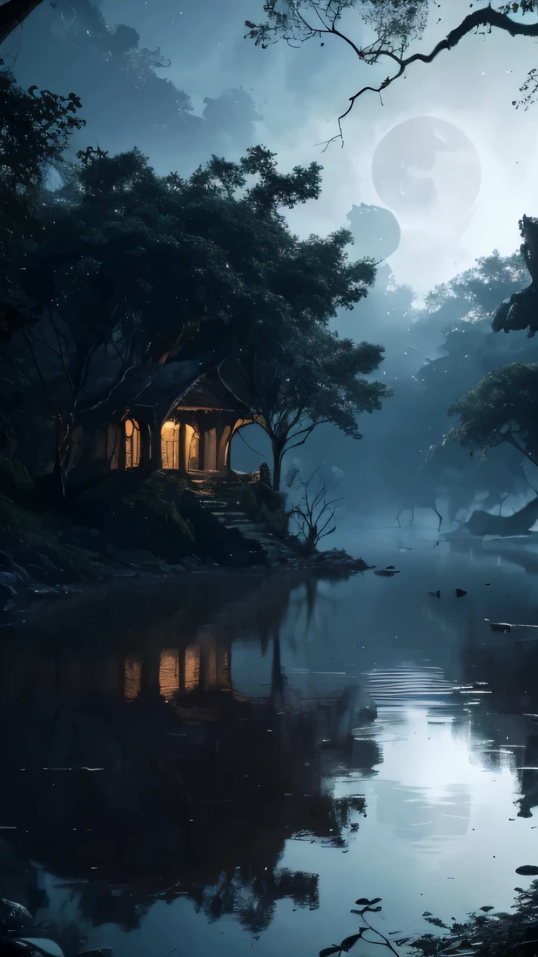 (best quality,4K,8K,high resolution,masterpiece:1.2),Super detailed,(actual,photoactual,photo-actual:1.37),The mysterious Well of Souls surrounded by black fog and ruins,ethereal light,unforgettable atmosphere,Delicate moss covered stones,Bats flying in the sky,The scary face emerging from the well,Creepy tendrils slowly rise,A faint whisper echoes,undulating water,Ruins covered with mysterious symbols,Ghost floating in the background,Towering old trees，Circling branches and leaves,The mottled moonlight shines through the treetops,An ominous shadow lurks,Maldives blue hues,twilight lighting