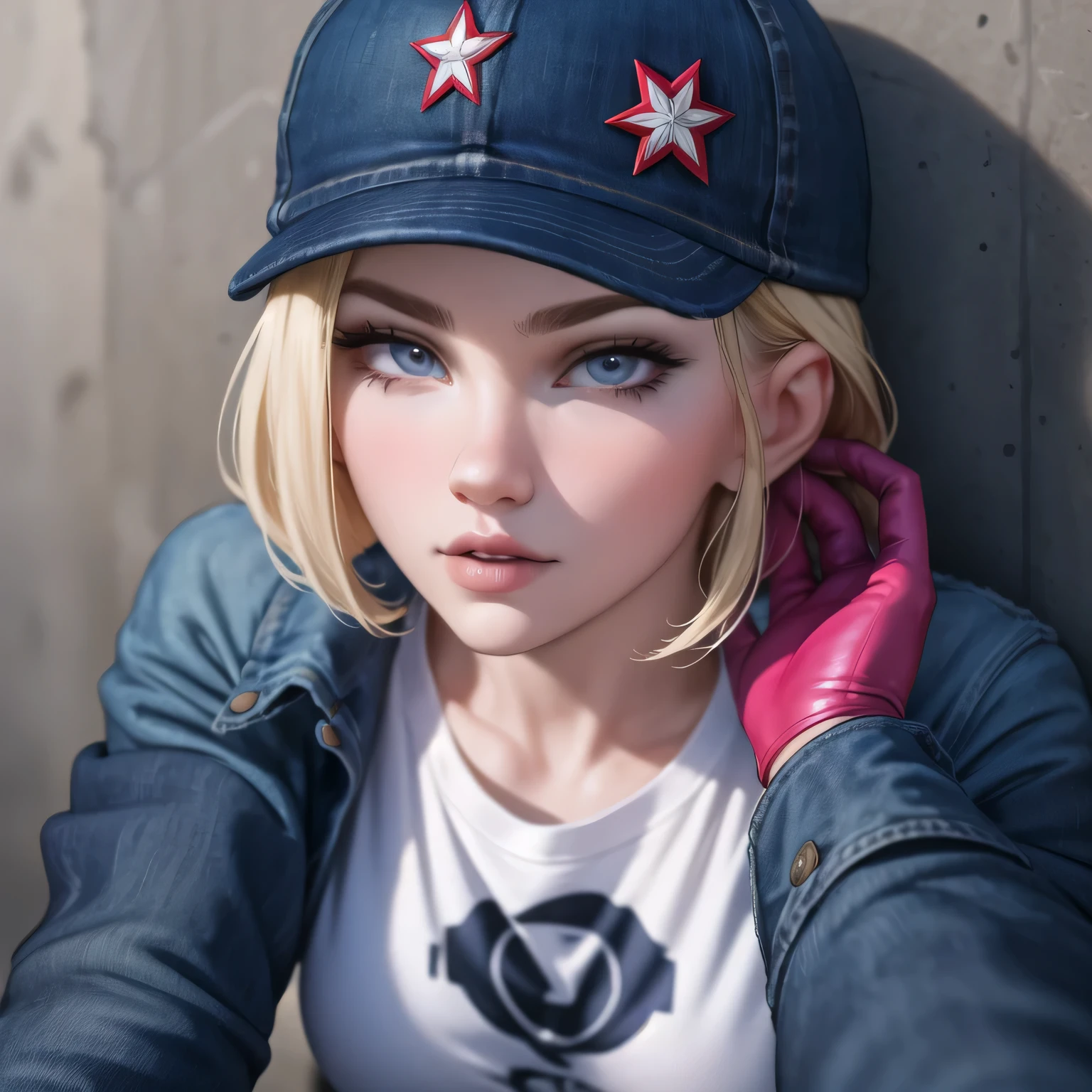 Beautiful woman, covered from head to toe in clothing, cap, t shirt, jacket, jeans, boots, gloves, mask, close up shot, expressive eyes, wall background, cornered