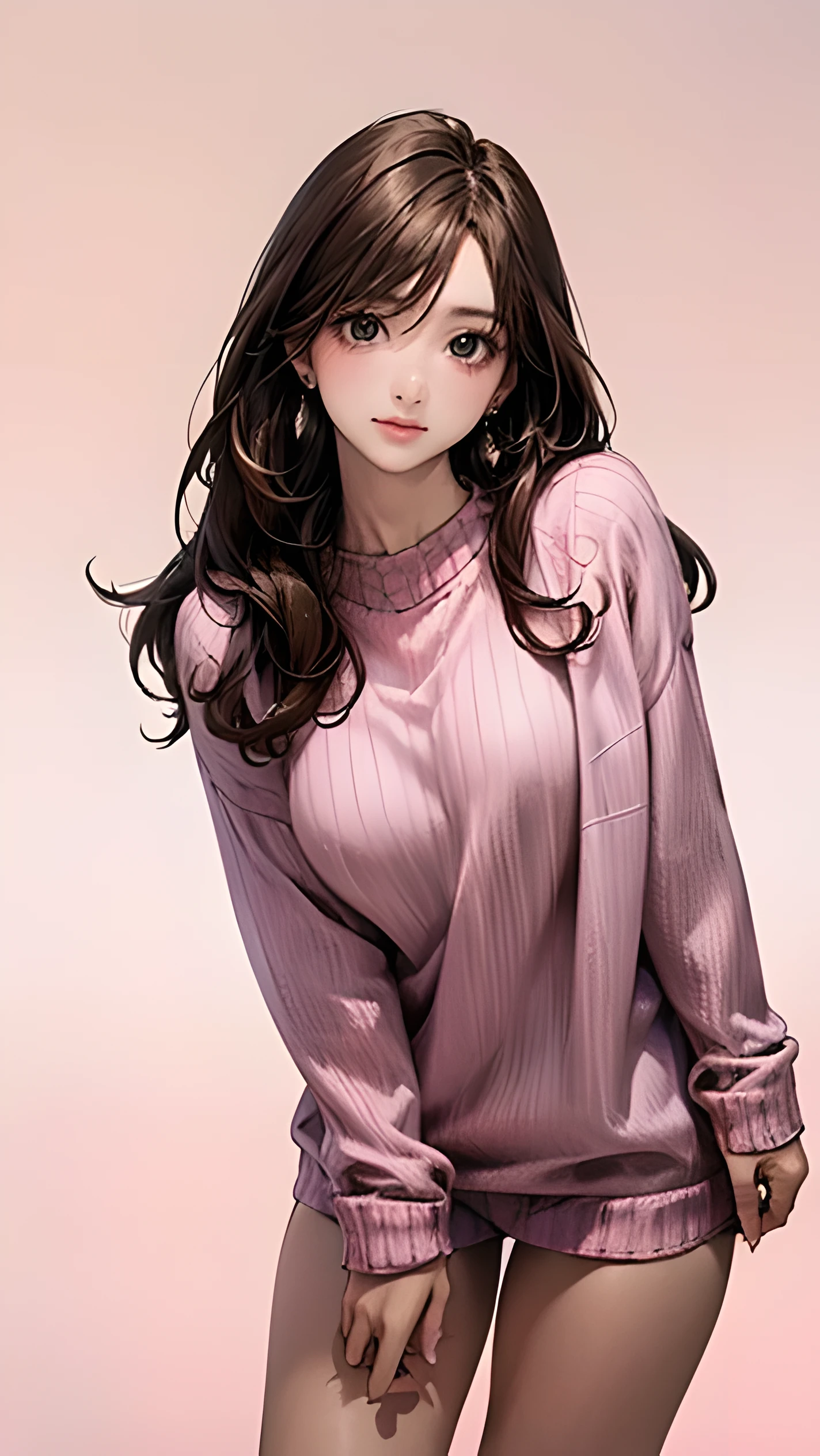 (masterpiece:1.2, highest quality), (realistic, photorealistic:1.4), beautiful illustrations, (natural side lighting, movie lighting),
looking at the viewer, 1 girl, Japanese, 27 years old, perfect face, Cute symmetrical face, shiny skin,
(long hair, straight hair, sideburns, (brown hair、medium hair、looking at the camera)、((front、slanted eyes,), flowing bangs, (medium breasts, seductive thighs, big ass), earrings,
beautiful hair, beautiful face, detailed and beautiful eyes, beautiful clavicle, beautiful body, beautiful breasts, beautiful thighs, beautiful feet, beautiful fingers,
(((pink sweater)), Light Pink Background, Are standing