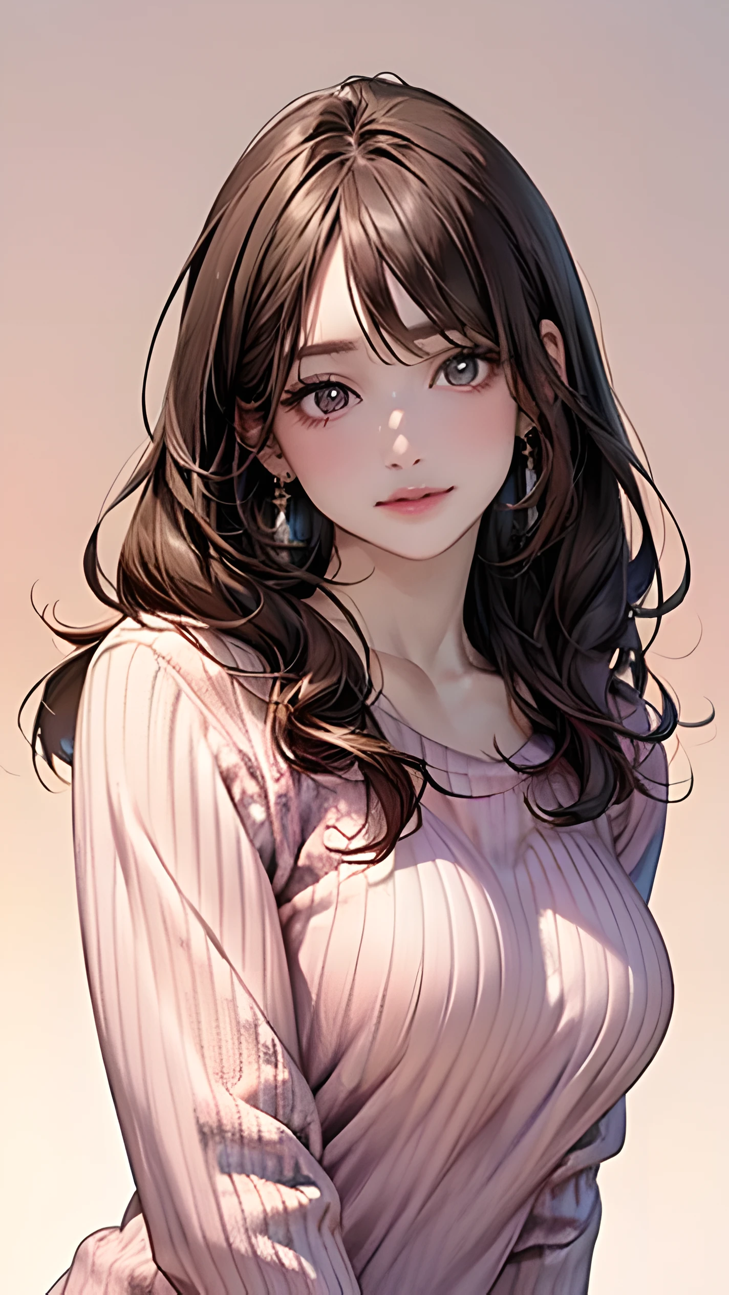 (masterpiece:1.2, highest quality), (realistic, photorealistic:1.4), beautiful illustrations, (natural side lighting, movie lighting),
looking at the viewer, 1 girl, Japanese, 27 years old, perfect face, Cute symmetrical face, shiny skin,
(long hair, straight hair, sideburns, (brown hair、medium hair、looking at the camera)、((front、slanted eyes,), flowing bangs, (medium breasts, seductive thighs, big ass), earrings,
beautiful hair, beautiful face, detailed and beautiful eyes, beautiful clavicle, beautiful body, beautiful breasts, beautiful thighs, beautiful feet, beautiful fingers,
(((pink sweater)), Light Pink Background, Are standing