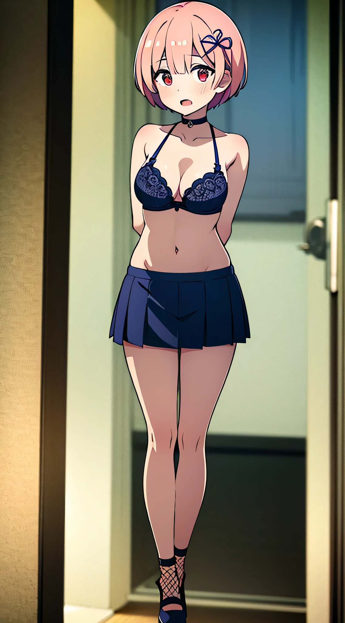 1girl, masterpiece, rem rezero, pink hair, red eyes, detailed eyes, orgasm face, blue bra, dark miniskirt, fishnet, bikini oufit, arms behind back, standing on the balcony, legs apart, looking at the viewer, choker, kinda cute, embarrassed