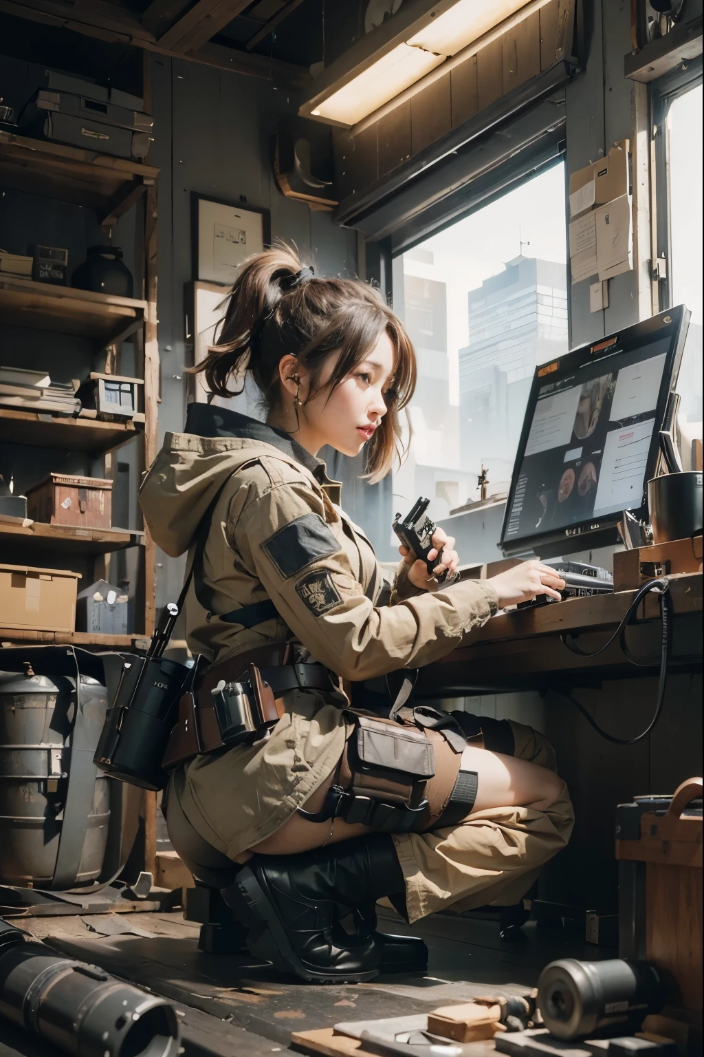 (masterpiece, best quality:1.2), (8k uhd, 16k, 32k, ultra high res), (photorealistic:1.37), (RAW photo), ultimate-realistic, ultimate-realistic details, ultimate-realistic texture, ultimate-intricate details, ultimate-realistic lighting, ultimate-realistic shadow, japanese girl, ultimate-cute face, ultimate-RAW skin, ultimate-realistic eyes, A beautiful girl reloading a submachine gun while hiding behind a shield in the city