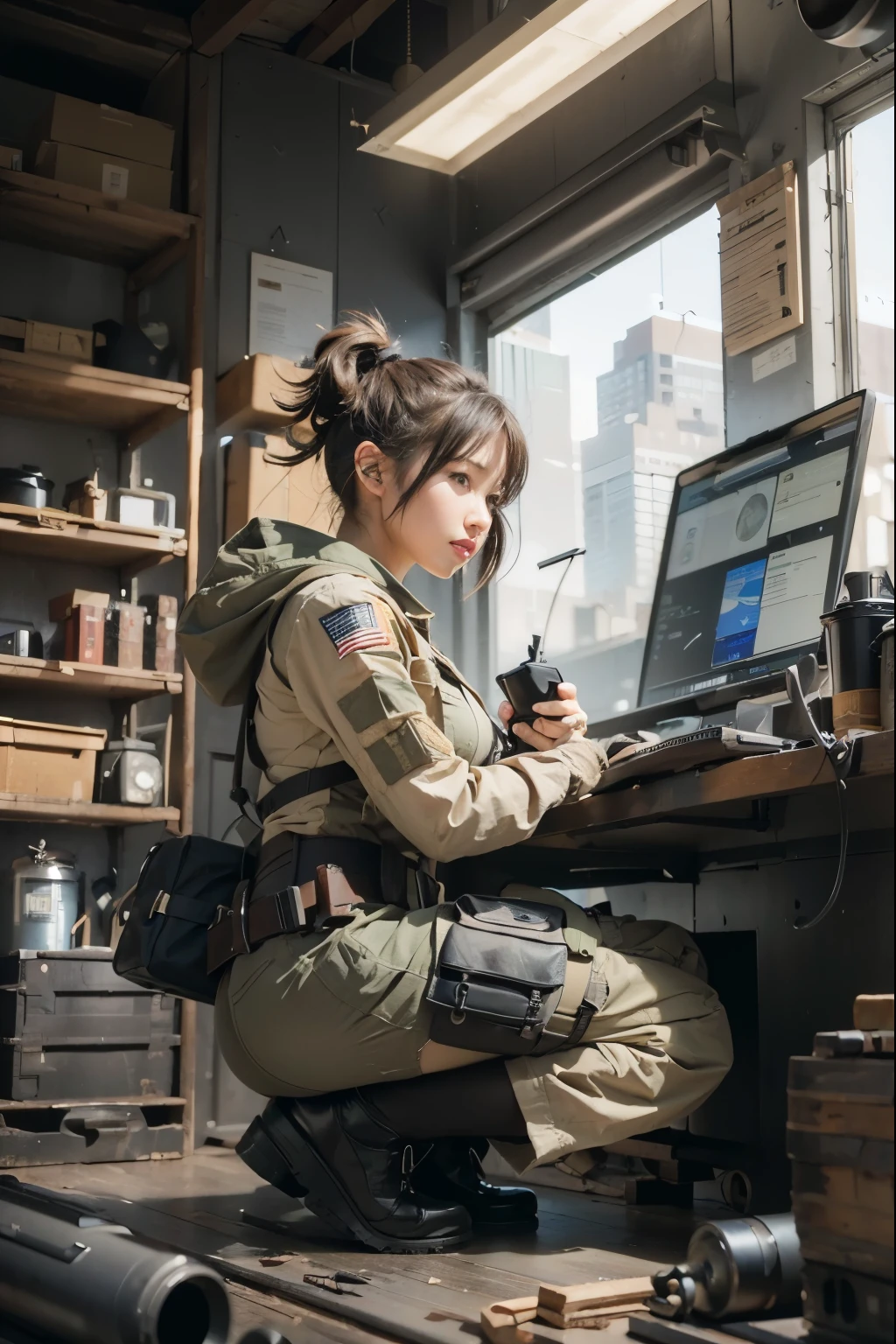 (masterpiece, best quality:1.2), (8k uhd, 16k, 32k, ultra high res), (photorealistic:1.37), (RAW photo), ultimate-realistic, ultimate-realistic details, ultimate-realistic texture, ultimate-intricate details, ultimate-realistic lighting, ultimate-realistic shadow, japanese girl, ultimate-cute face, ultimate-RAW skin, ultimate-realistic eyes, A beautiful girl reloading a submachine gun while hiding behind a shield in the city
