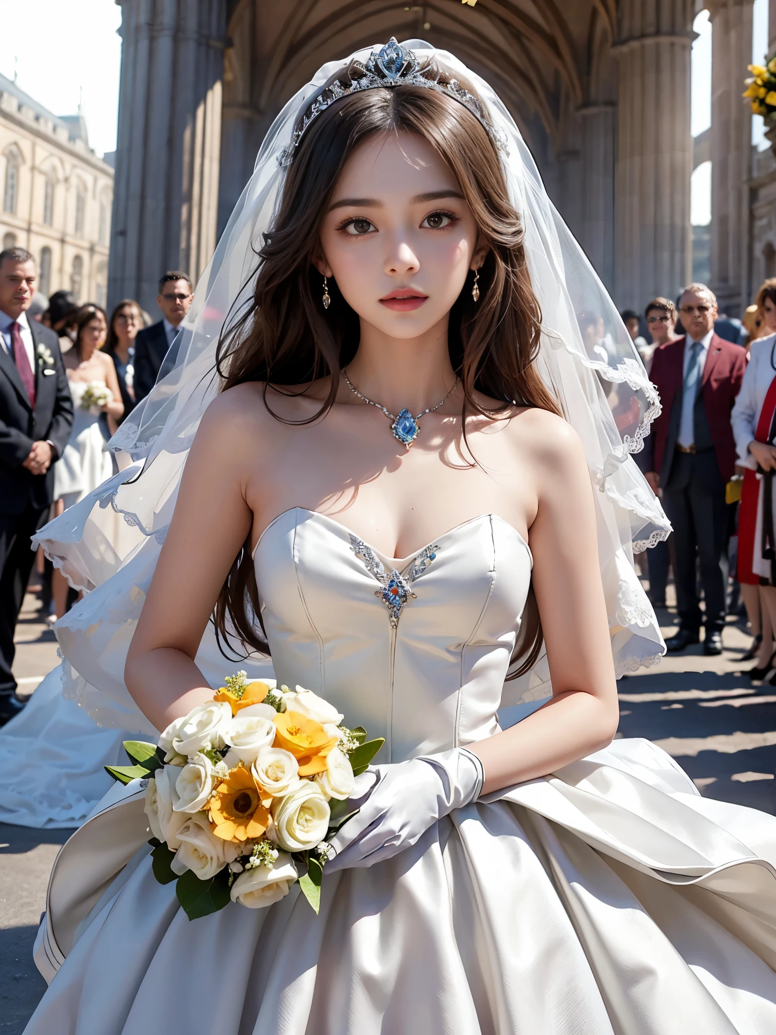 best quality, masterpiece, 1 girl, yak, cute teen, shiny lips, sweet, sun glare, Conservative attire, white gloves, bouquet, Beaded bell-line wedding dress, Bridal tiara, depth of field, blurred background, Cathedral Background, light particles, strong wind, long hair, head tilt