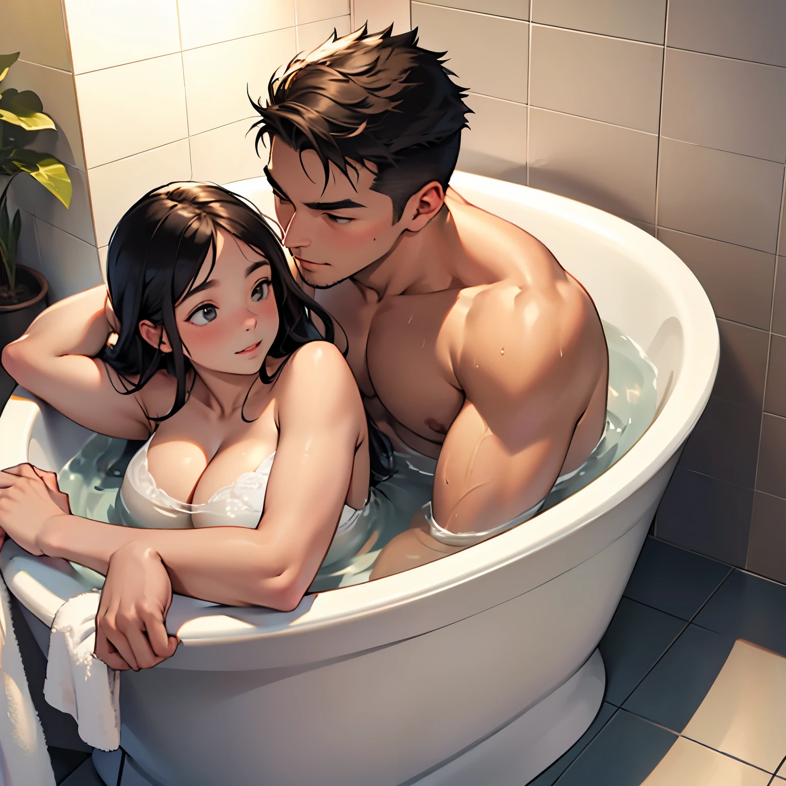 Beautiful girl and handsome boy, The girl is plump, Boy hugs girl's body,In the bathtub