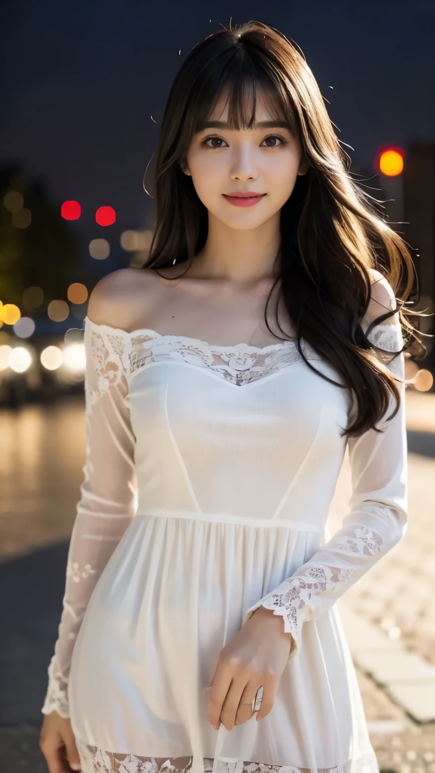 (highest quality,masterpiece:1.3,ultra high resolution),(Super detailed,caustics),(realistic:1.4,RAW shooting),(Vibrant color saturation),1 girl,20-year-old,flat bangs、smiling、Blurred background,lace dress、night view、light up、Princess-like