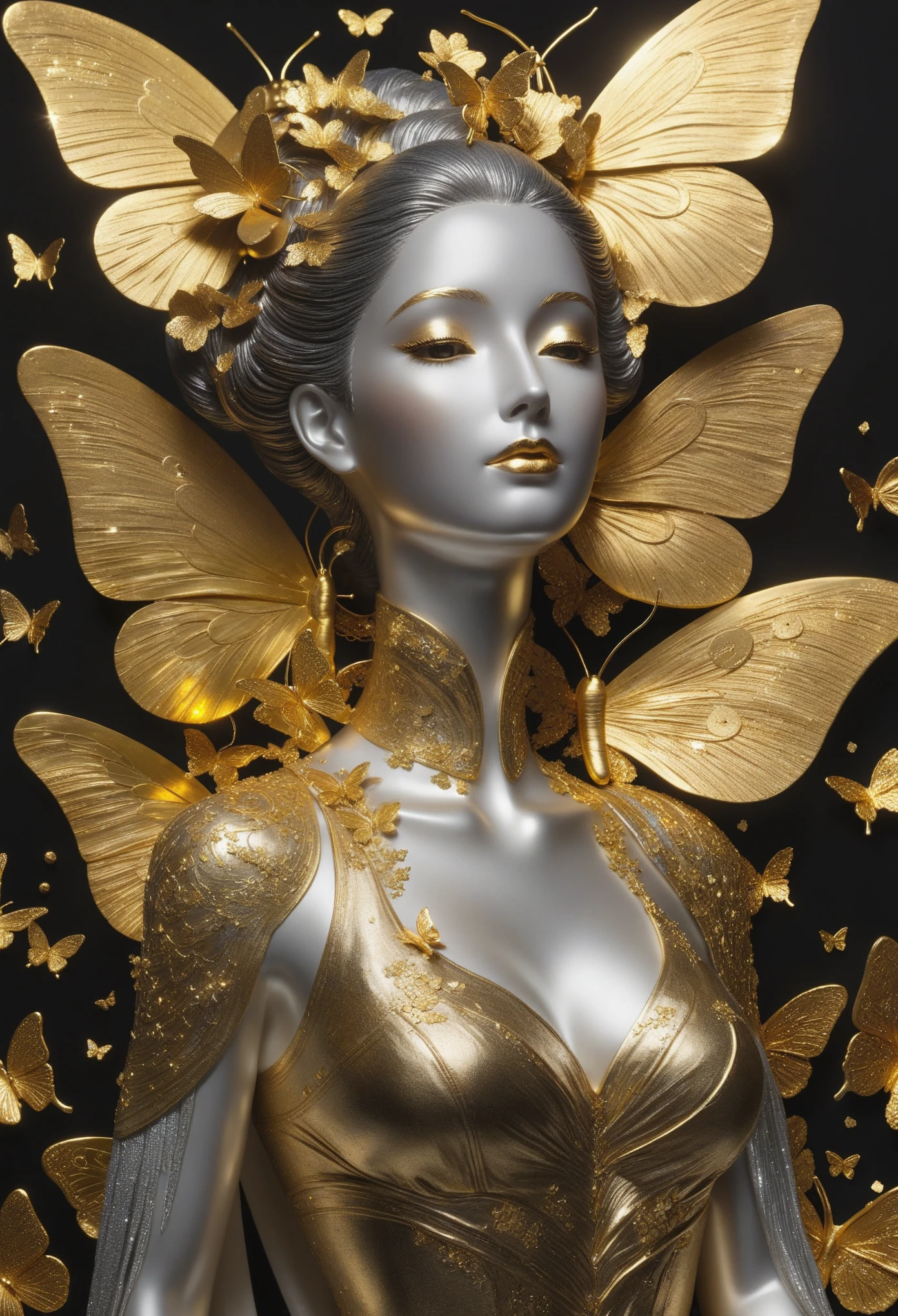 gold leaf art：1.5.Made of platinum，statue，Still Life Table Setting，dark background，Woman portrait sculpture，look up，Golden butterfly on cheek，Hollow butterfly wings，Gold Crumbs，Gold particles，modern style, High resolution, artwork，Advanced complex technology，