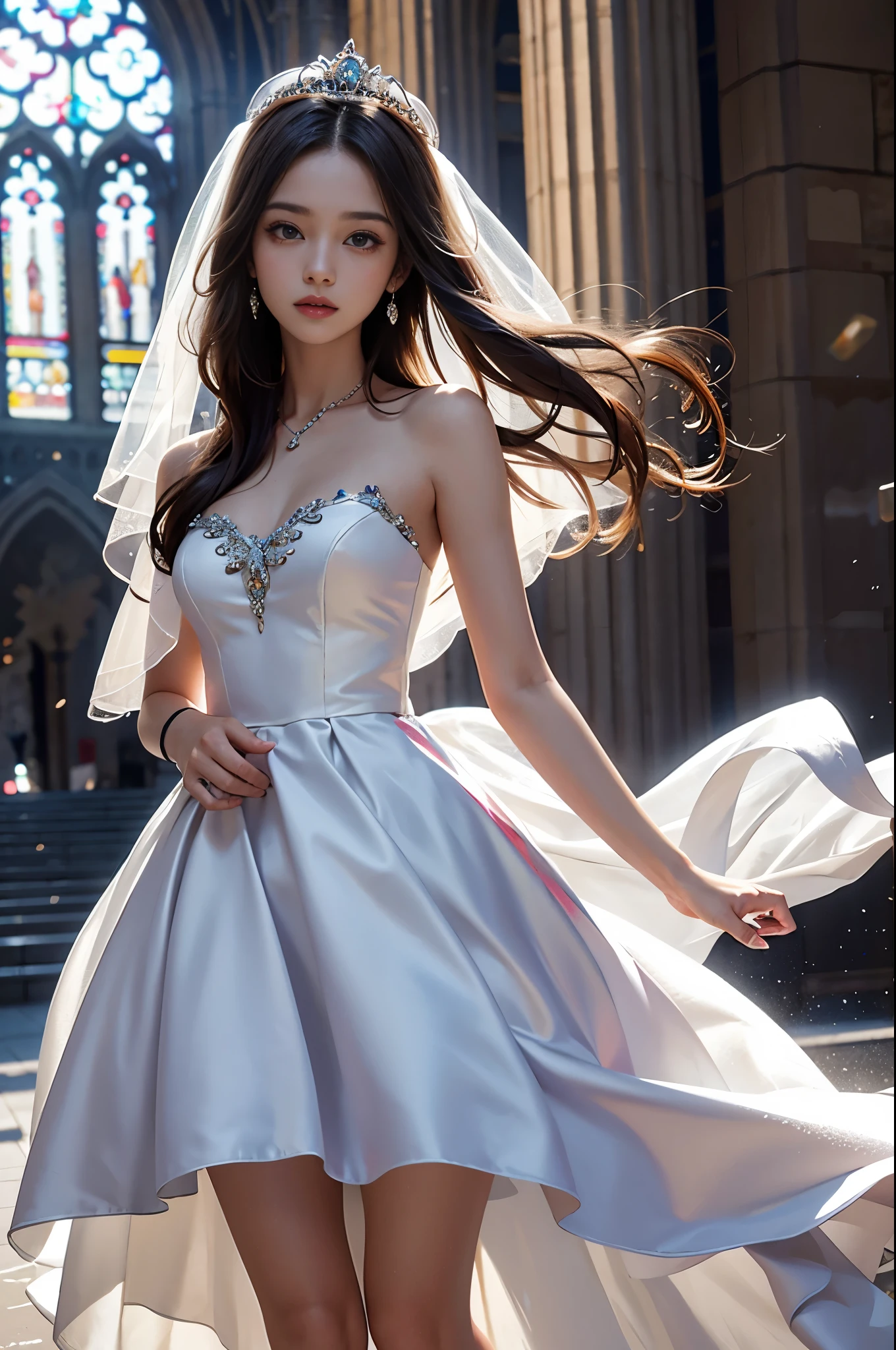 best quality, masterpiece, 1 girl, yak, cute , shiny lips, sweet, sun glare, Conservative attire, wedding dress, Bridal tiara, depth of field, blurred background, Cathedral Background, light particles, strong wind, long hair, head tilt