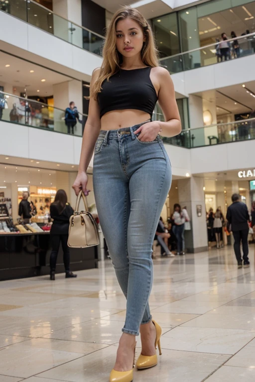 Tall girl blonde hair perfect hourglass body perfect six pack wearing top and jeans natural big hold Chanel bag at the mall wearing yellow high heels