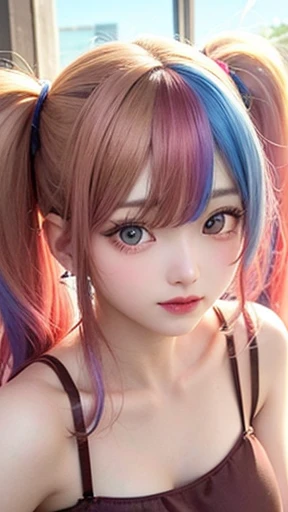 small face、 (alone:1.5,)Super detailed,bright colors, very beautiful detailed anime face and eyes, look straight,  shiny_skin,girl, (((rainbow colored hair, colorful hair, Half red、Half golden hair: 1.2))), 、shiny hair, delicate beautiful face, blush、Glasses、(turquoise eyes), , Valletta, earrings,、flower garden、sunset、(((See-through、sexy、Satin camisole、Brown、,Translucent shirt)))、（twin tails）、smile、happy face、face dyed red、cheerful pose、dynamic、