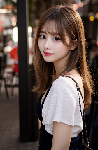 stand、back view、turn around、looking at the camera