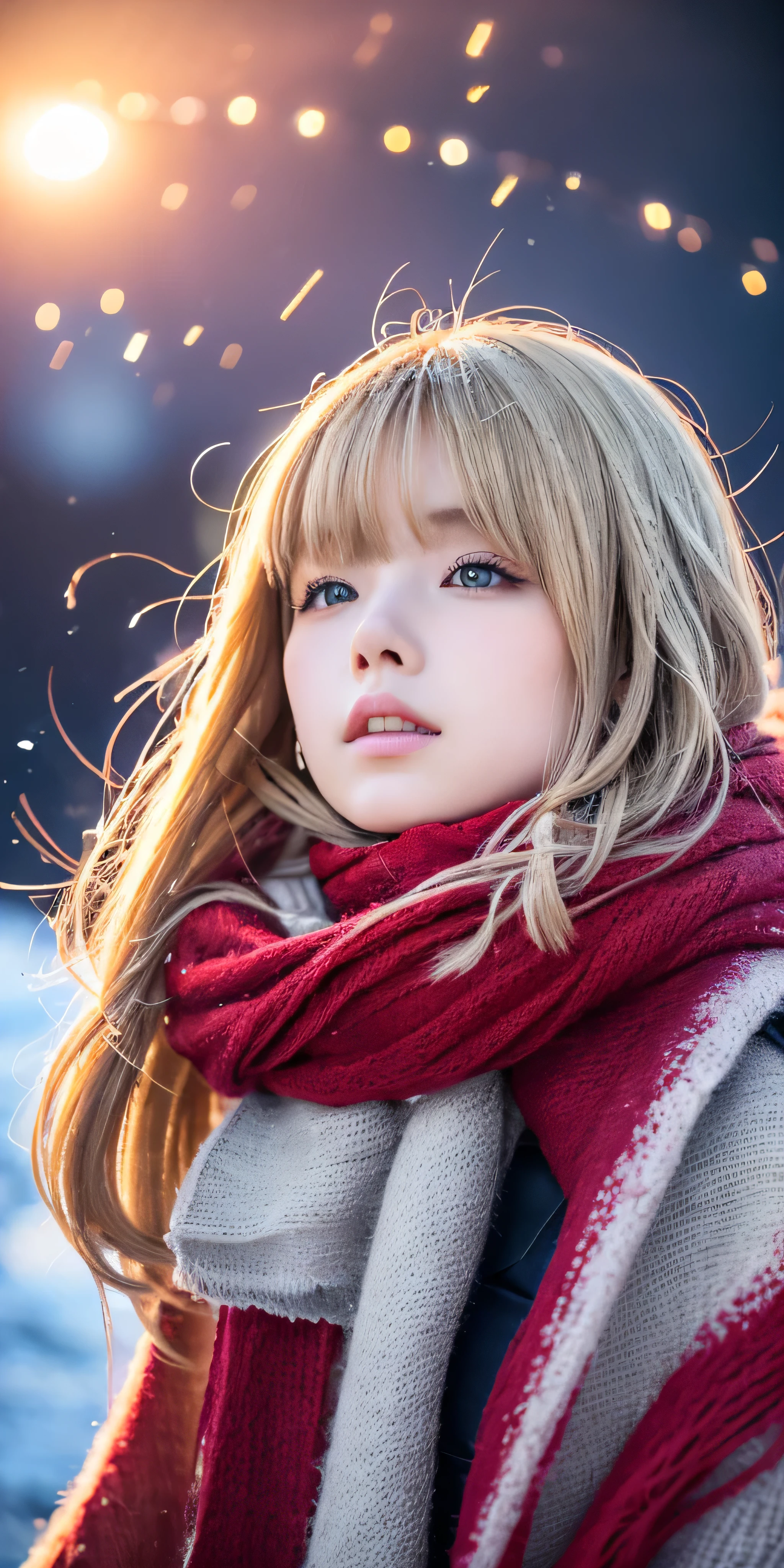 ((hair blowing in the wind、no makeup:1.2))、(realistic、Photoreal、Super detailed、best detailed skins、highest quality、masterpiece、超A high resolution)、cute russian woman、14 years、high school girl、young girl、1 girl、have bangs、ash blonde:1.7、double eyelid、drooling eyes、Japanese style face、purity、realistic skin type、thick muffler、Gray muffler、fluffy hair、((There&#39;hair in scarf:1.3))、red cheeks、The wind is blowing、that&#39;It&#39;s snowing、night、illumination、Lighting from behind、hair blowing in the wind、((Antarctica、A meteor shower、A world view of the aurora))