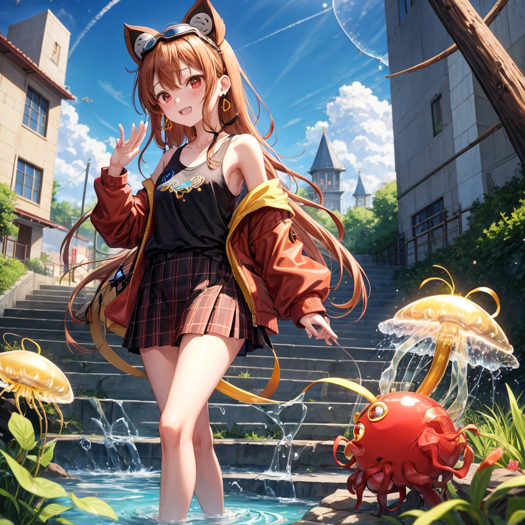 Brown, red, gold, golden hair、red eyes、one good looking girl、solo、anime、plaid mini skirt、black camisole、black t-shirt、hoodie、wearing a ribbon、ribbon at waist、Crystal Earrings、treasure石のネックレス、Light and shadow、Tilting face、teeth are visible、pillar、kind face、Kuroko、Diamond dust、grassland、Water running down the stairs、overflowing、Ants are walking、sulking、is increasing、treasure、Hope、wearing goggles on head、wearing headphones、jellyfish