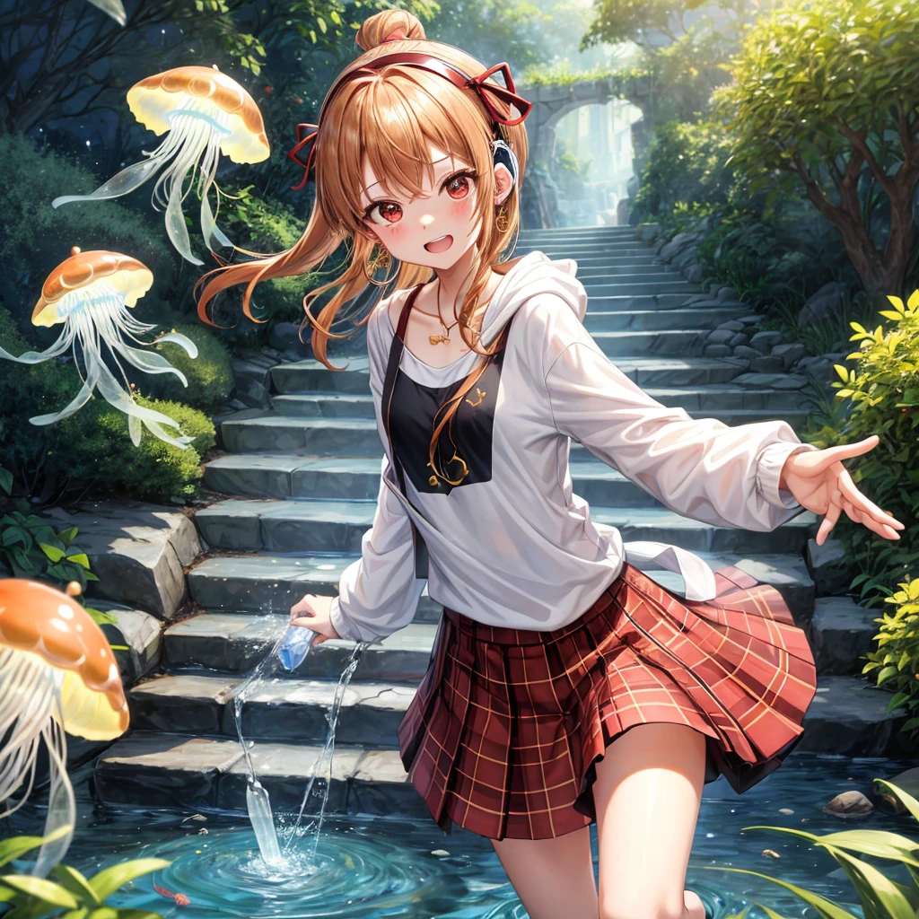 Brown, red, gold, golden hair、red eyes、one good looking girl、solo、anime、plaid mini skirt、black camisole、black t-shirt、hoodie、wearing a ribbon、ribbon at waist、Crystal Earrings、treasure石のネックレス、Light and shadow、Tilting face、teeth are visible、pillar、kind face、Kuroko、Diamond dust、grassland、Water running down the stairs、overflowing、Ants are walking、sulking、is increasing、treasure、Hope、wearing goggles on head、wearing headphones、jellyfish