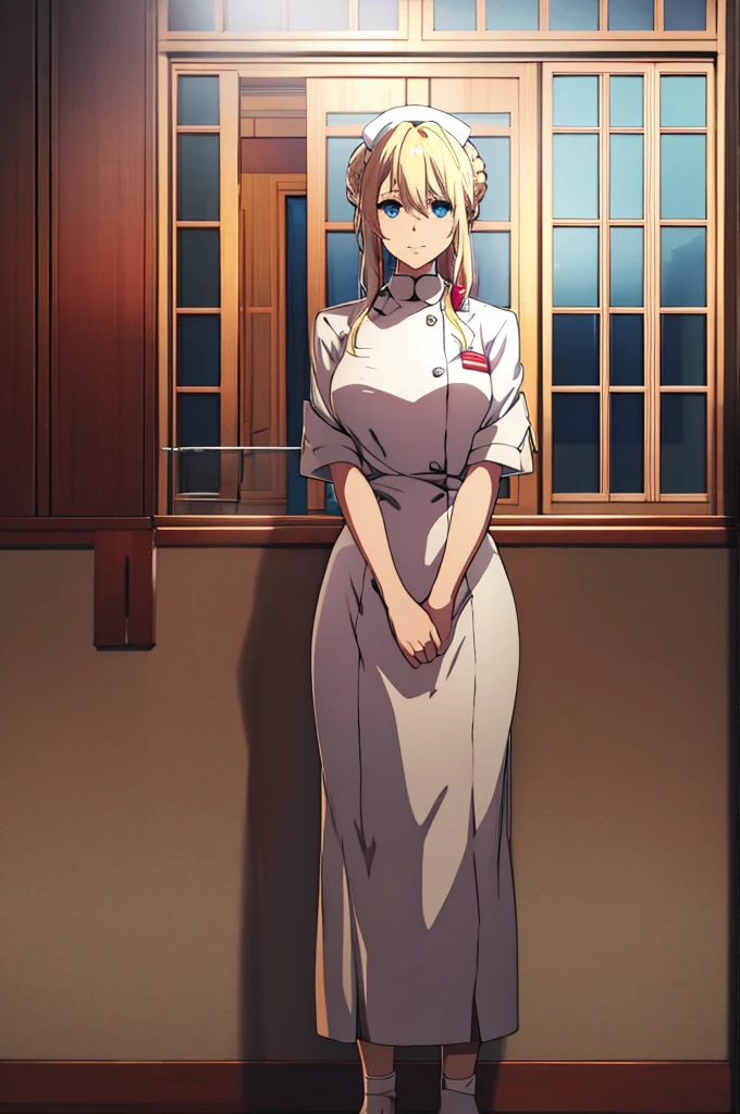 masterpiece, best quality, highres, violet evergarden, blond hair, braid hair, jewelry, nurse uniform, nurse cosplay, standing, looking at the camera, slight smile, alone, ultra detailed, high quality, model in the middle of frame