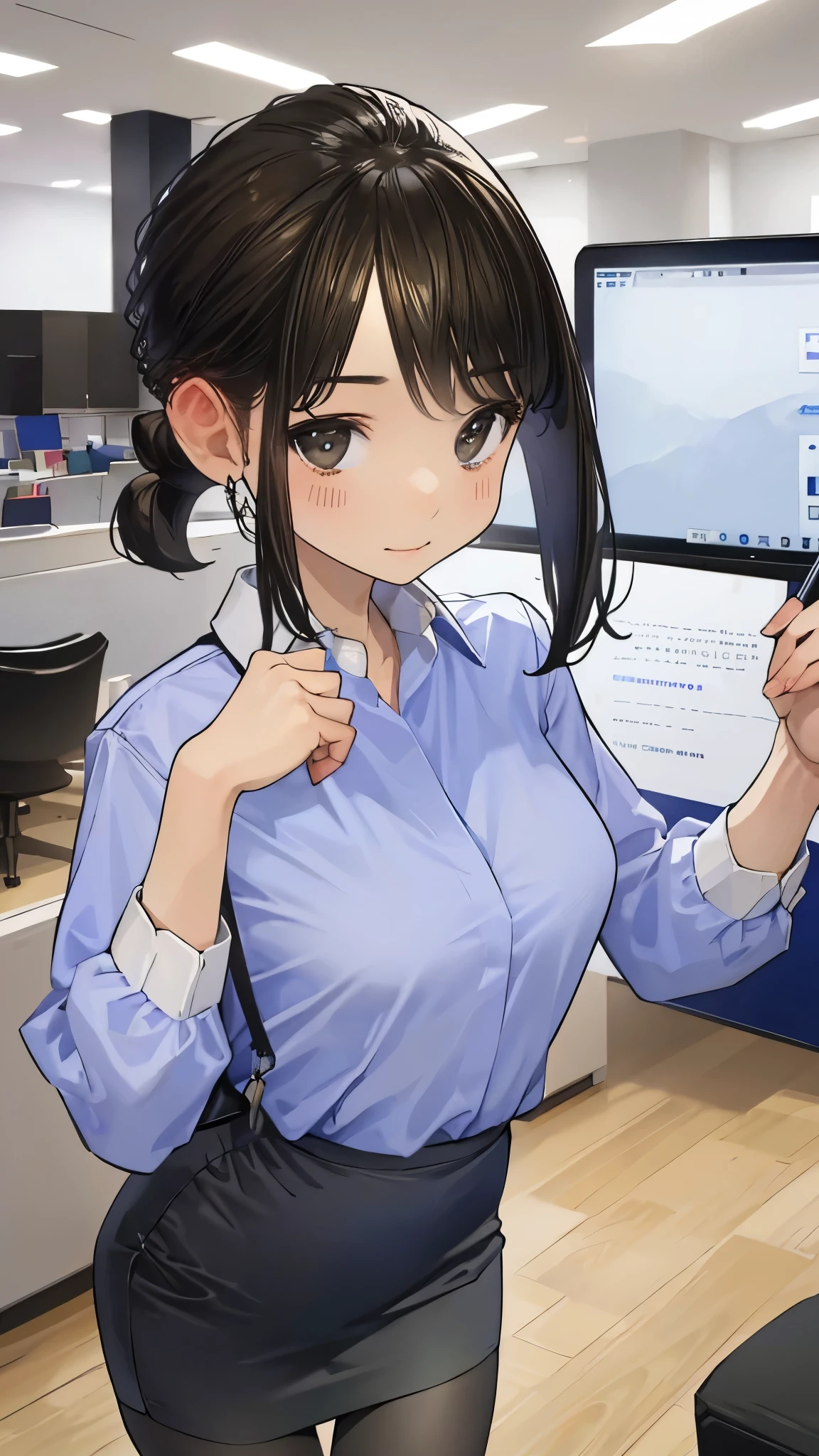 (masterpiece、highest quality、Super detailed)、1 girl、black hair、short ponytail、parted bangs、gray eyes、smile、((Moderate chest))、((Blue collared shirt))、long sleeve、((black pencil skirt))、((black pantyhose))、cowboy shot、office