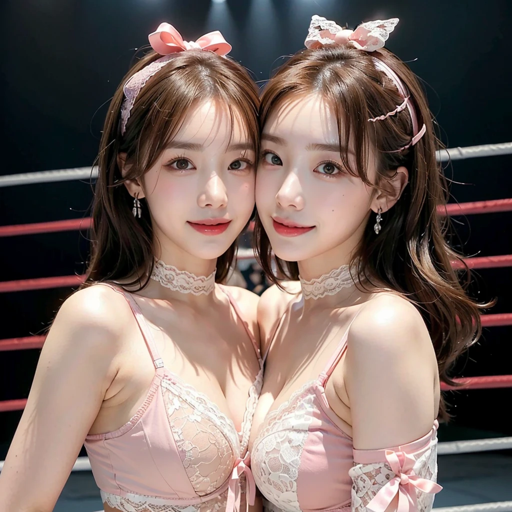 ((masterpiece: 1.4, best quality))+,(ultra detail)+, official art, unity 8k wallpaper, ultra detail, beautiful, high quality, Highlight your cute face,  masterpiece, best quality, nude,dynamic pose, semi straight medium length hair, female professional wrestler, (((Always in the pro wrestling ring))), (Very light pink lace lingerie:1.5)), (((bust:1.5))), High exposure,  skinny body,masterpiece, high quality, 8 thousand, beautiful spotlight, no. no. no. No. 1 girl group idol in Korea, alone, ((brown eyes, yellow hair:1.3)), ((colorful earrings, white neck choker, white short lace gloves)), 18 years old, small face, looking at viewer, (hairpin with larger ribbon:1.4),(skinny abs:1.1), (They look at each other and look very happy :1.5), ((Both cheeks turn red)), Accurate limb identification:1.5