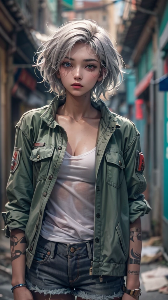 (masterpiece, High resolution, highest quality), ((20 year old woman, Composition from head to thighs, Upper body focus)), fashion pose, detailed eyes, Avant-garde makeup, messy short hair:1.2, ash gray hair, Blouson and tube top coordination, tattoo all over the body, blurred background, The deserted backstreets of Cuba:1.3, cinematic lighting, anime style, simple lines, digital painting,
