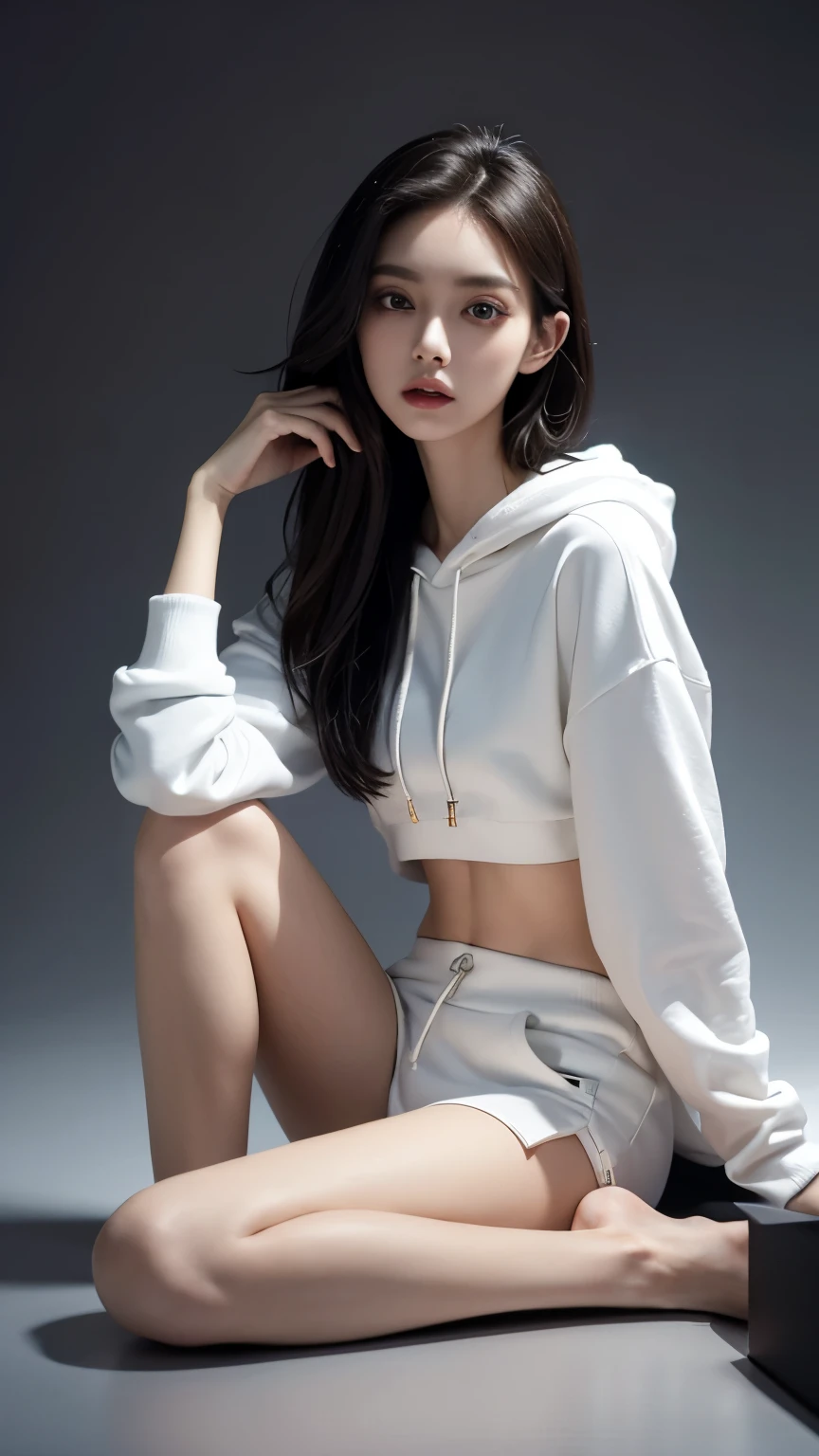 (Photorealistic),(Masterpiece),(ultra-detailed),a tall very beautiful with big eyes and extremely small headand extremely thin girl who is literally just skin and bones and has a very thin build and very with extremely thin arms and legs, wearing a crop loose hoodie, sitting