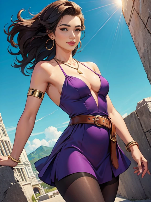1woman 30year old, solo, straight hair, looking at viewer, cleavage, bare shoulders, beautifil face,shy smile, jewelry, small breasts, earrings, colored soft midi dress, pantyhose,belt, necklace, bracelet, lips, armlet,((dynamic angle))