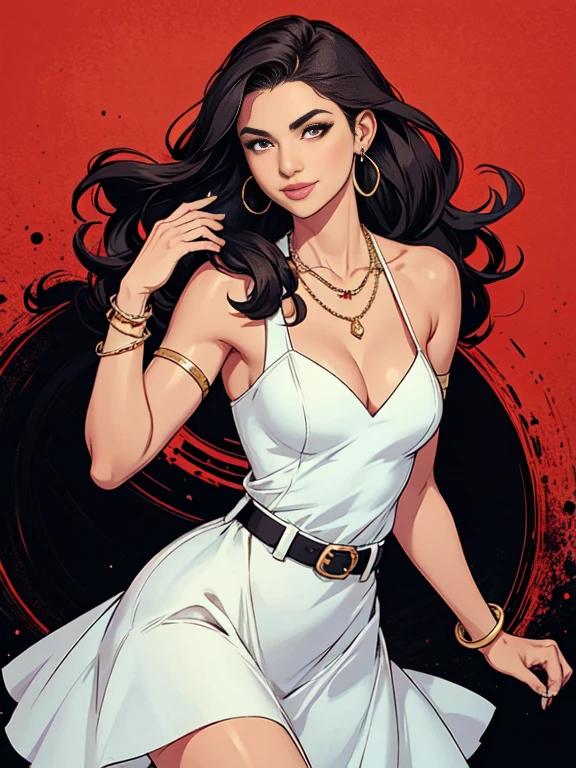 1woman 30year old, pin-up,solo, straight hair, looking at viewer, cleavage, bare shoulders, beautifil face,shy smile, jewelry, small breasts, earrings, colored soft midi dress, pantyhose,belt, necklace, bracelet, lips, armlet,((dynamic angle))