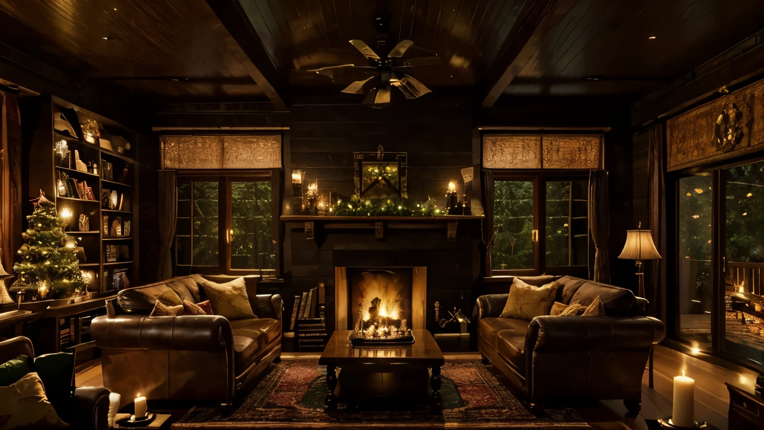 arafed room with a fireplace and a table with candles, a digital rendering by senior artist, shutterstock, maximalism, cosy enchanted scene, cozy living room interior, cozy living room background, warm living room, thomas kinkade. forest room, cozy home background, cozy atmosphere, cozy environment, cozy living room, pleasant cozy atmosphere, masterpiece, best quality