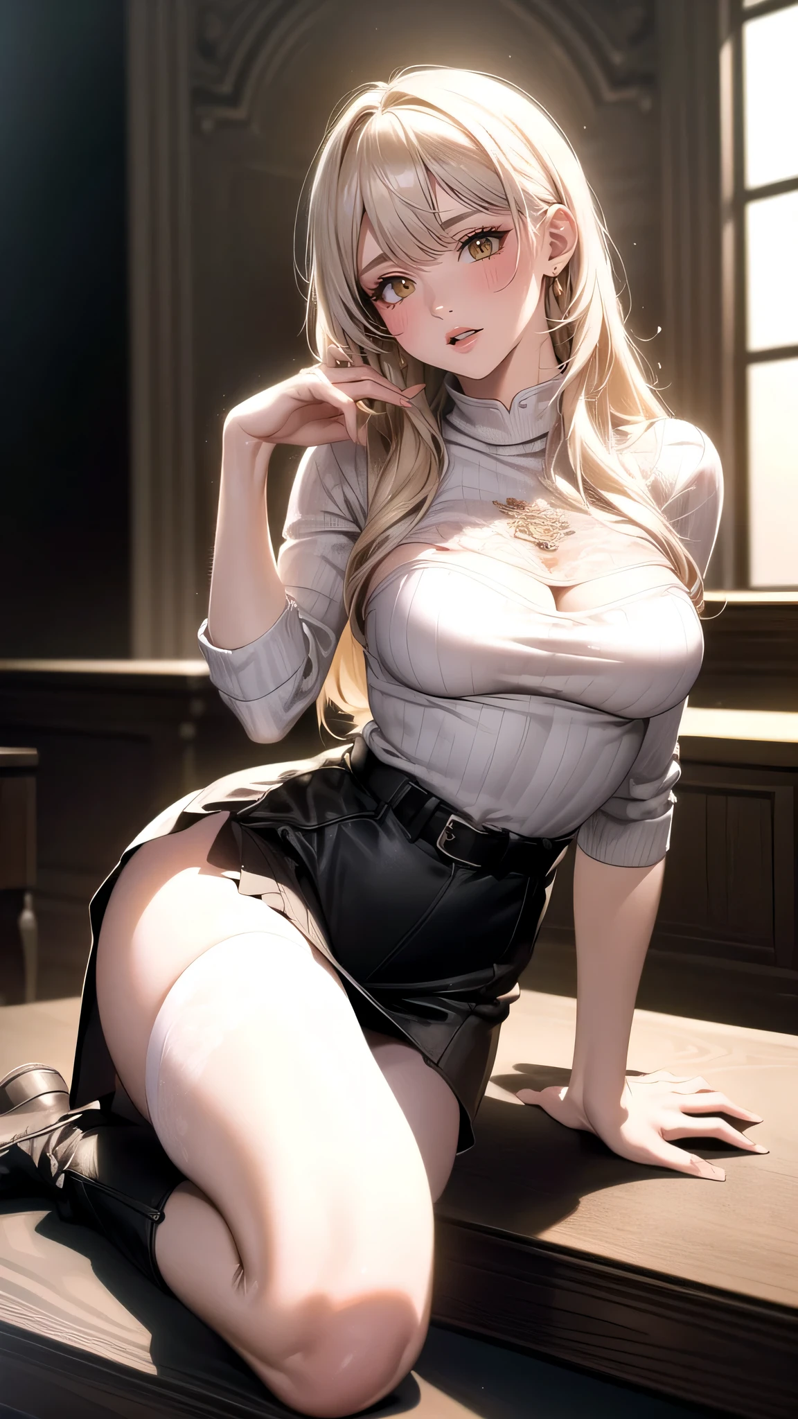 (random porn pose),(Highest image quality,(8k),ultra-realistic,best quality, high quality, high definition, high quality texture,high detail,beautiful detailed,fine detailed,extremely detailed cg,detailed texture,a realistic representation of the face,masterpiece,Sense of presence),sweater,tight mini skirt,stockings,Engineer boot