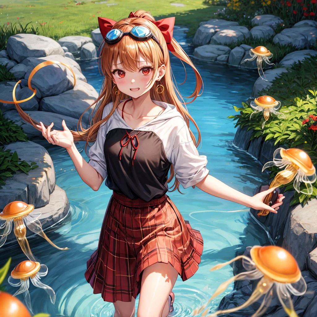 Brown, red, gold, golden hair、red eyes、one good looking girl、solo、anime、plaid mini skirt、black camisole、black t-shirt、hoodie、wearing a ribbon、ribbon at waist、Crystal Earrings、treasure石のネックレス、Light and shadow、Tilting face、teeth are visible、pillar、kind face、Kuroko、Diamond dust、grassland、Water running down the stairs、overflowing、Ants are walking、sulking、is increasing、treasure、Hope、wearing goggles on head、wearing headphones、jellyfish