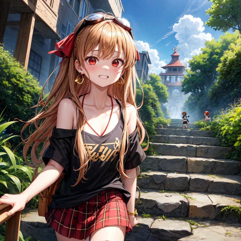 Brown, red, gold, golden hair、red eyes、one good looking girl、solo、anime、plaid mini skirt、black camisole、black t-shirt、hoodie、wearing a ribbon、ribbon at waist、Crystal Earrings、treasure石のネックレス、Light and shadow、Tilting face、teeth are visible、pillar、kind face、Kuroko、Diamond dust、grassland、Water running down the stairs、overflowing、Ants are walking、sulking、is increasing、treasure、Hope、wearing goggles on head、wearing headphones、jellyfish