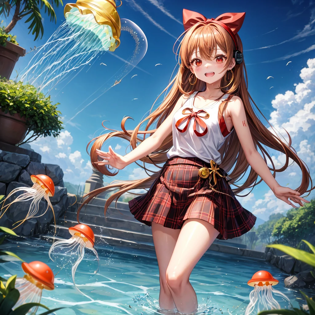 Brown, red, gold, golden hair、red eyes、one good looking girl、solo、anime、plaid mini skirt、black camisole、black t-shirt、hoodie、wearing a ribbon、ribbon at waist、Crystal Earrings、treasure石のネックレス、Light and shadow、Tilting face、teeth are visible、pillar、kind face、Kuroko、Diamond dust、grassland、Water running down the stairs、overflowing、Ants are walking、sulking、is increasing、treasure、Hope、wearing goggles on head、wearing headphones、jellyfish