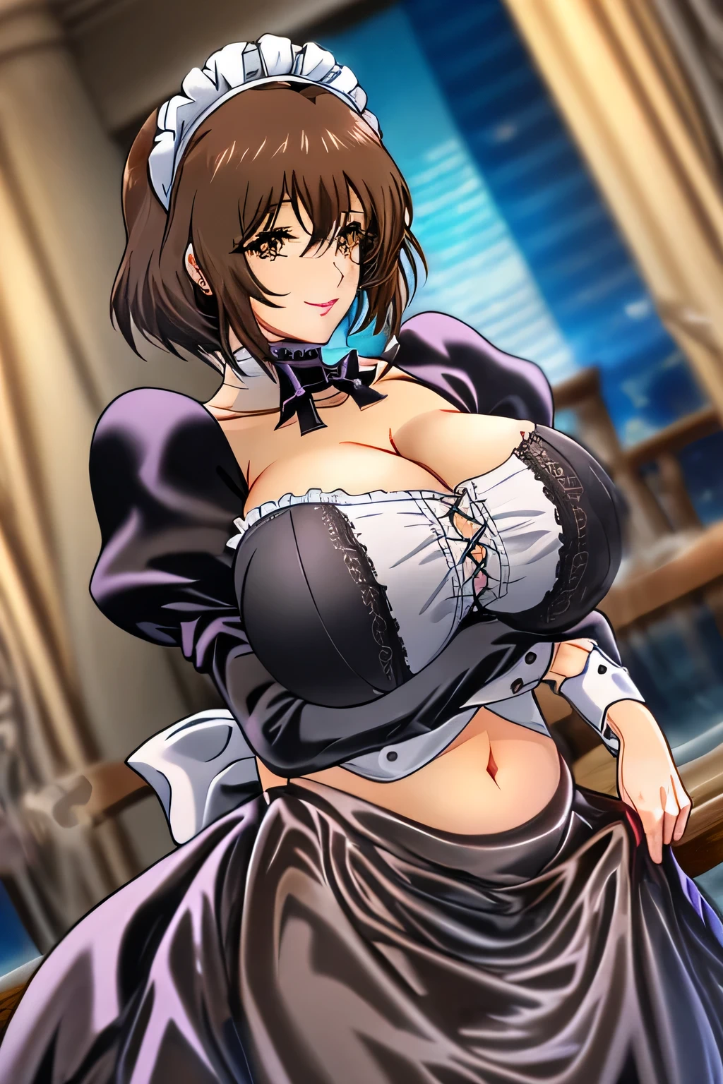 Una mujer mayor . mature, huge, big ??????, dark brown hair, her light yellow eye, round, big eyelash, she dresses in a black maid top, shows her navel and dresses in a metallic black maid skirt and is happy kissing her husband
