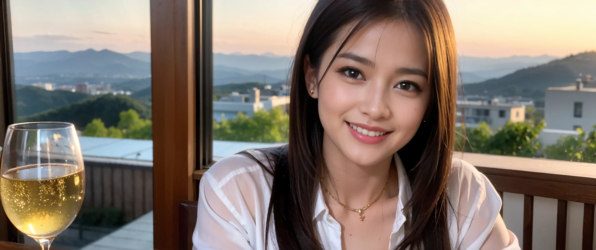 ((highest quality、8K、masterpiece:1.3))、Beautiful woman perfect body:1.4、slimなボディ、((Bob Hale、straight hair:1.2))、 ultra high resolution, bright image、2. The beauty of wine, beautiful face, blue eyes, fine eyes, light shines on your face, blush your nose, short hair,Spectacular view of the sunset sky and clouds、Amazing mountain views、ニコニコ明るいsmile、smileの素敵な女性、bright face、Fox face、lady、Champagne、Wine bottle、wine glass、red wine 、Appetizer、Italian food、Two beauties、brown hair、shortcut、long sleeve shirt、Winter Fashion、dress、Wine bottle、sparkling wine、Pretty Woman 1, (slimな顔), (brown hair), (shortcut), cheeks turn a little red, (36 years old), 39 years old, charming beauty、restaurant, nova frog style, actress, model, Upper body, White wine, slim, wine glass, 真ん中に置かれたwine glass, smile, (smile: 1.15), 綺麗なfine eyes, Strong light and shadow,moist body:1.5、delicate eyes、brown hair、The hair is very shiny、